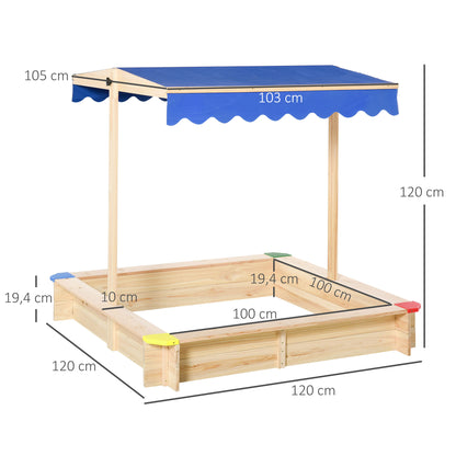 Wooden Sandbox for Kids with Canopy Sandbox Bench Adjustable Roof Spacious 47.2x47.2x47.2 inches for Outdoor Garden Play Natural Wood Color