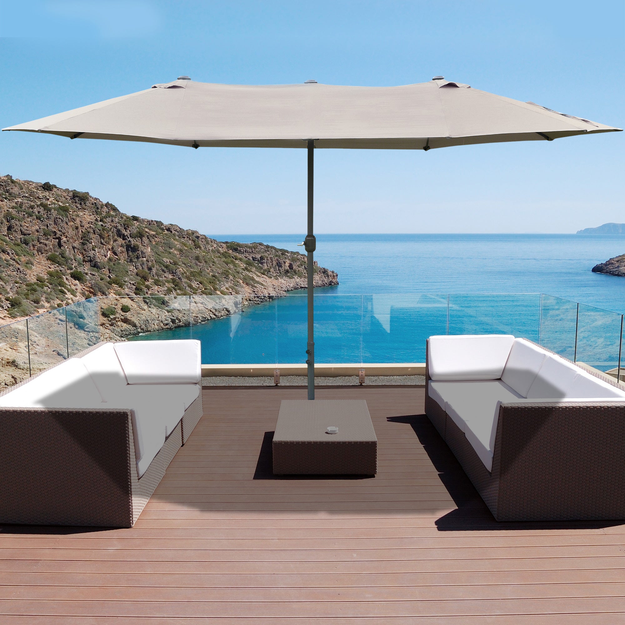Garden Parasol outdoor double rectangular parasol 4.6L x 2.7W x 2.4H m with crank opening closing, weight bags and base included, for balcony, pool, light gray