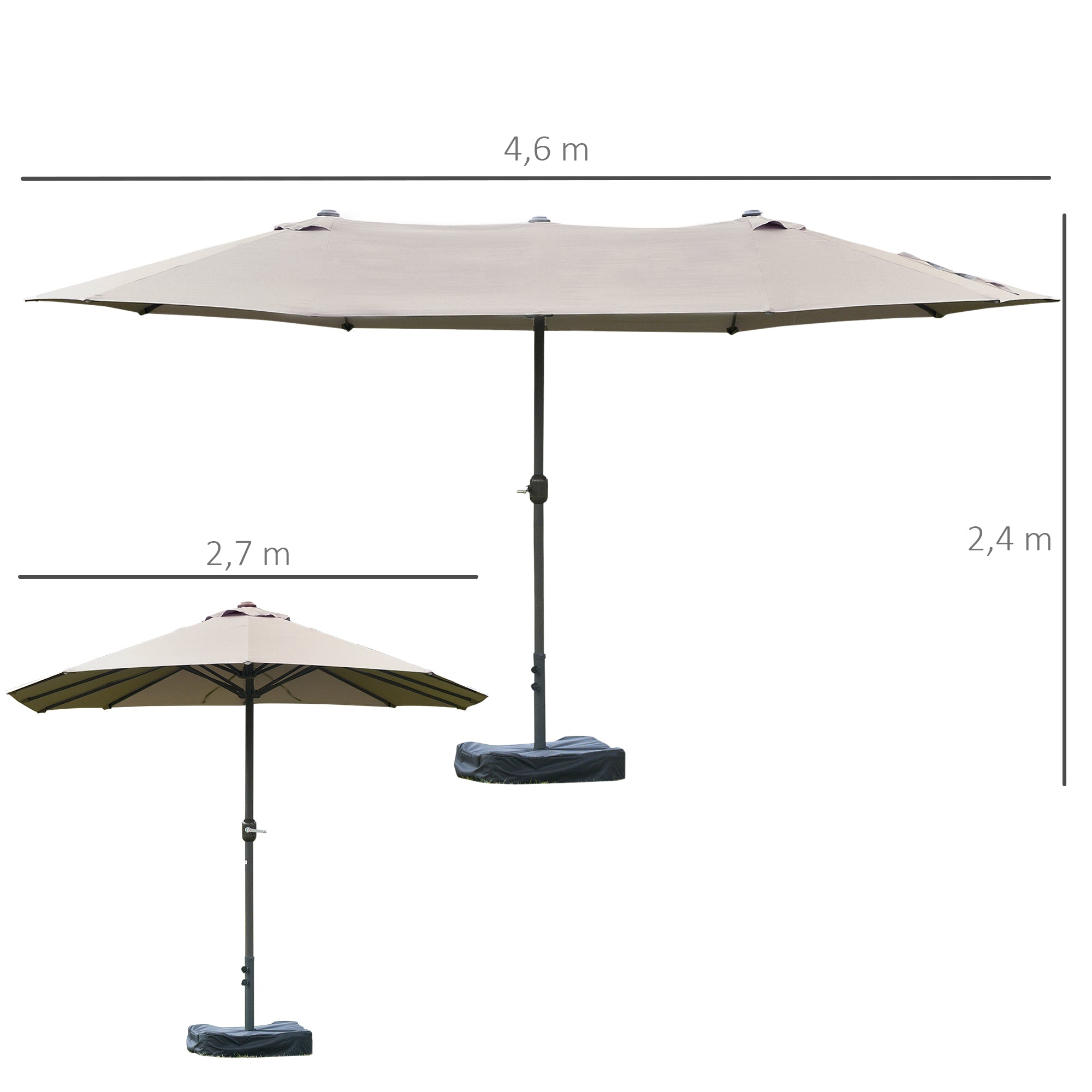 Garden Parasol outdoor double rectangular parasol 4.6L x 2.7W x 2.4H m with crank opening closing, weight bags and base included, for balcony, pool, light gray