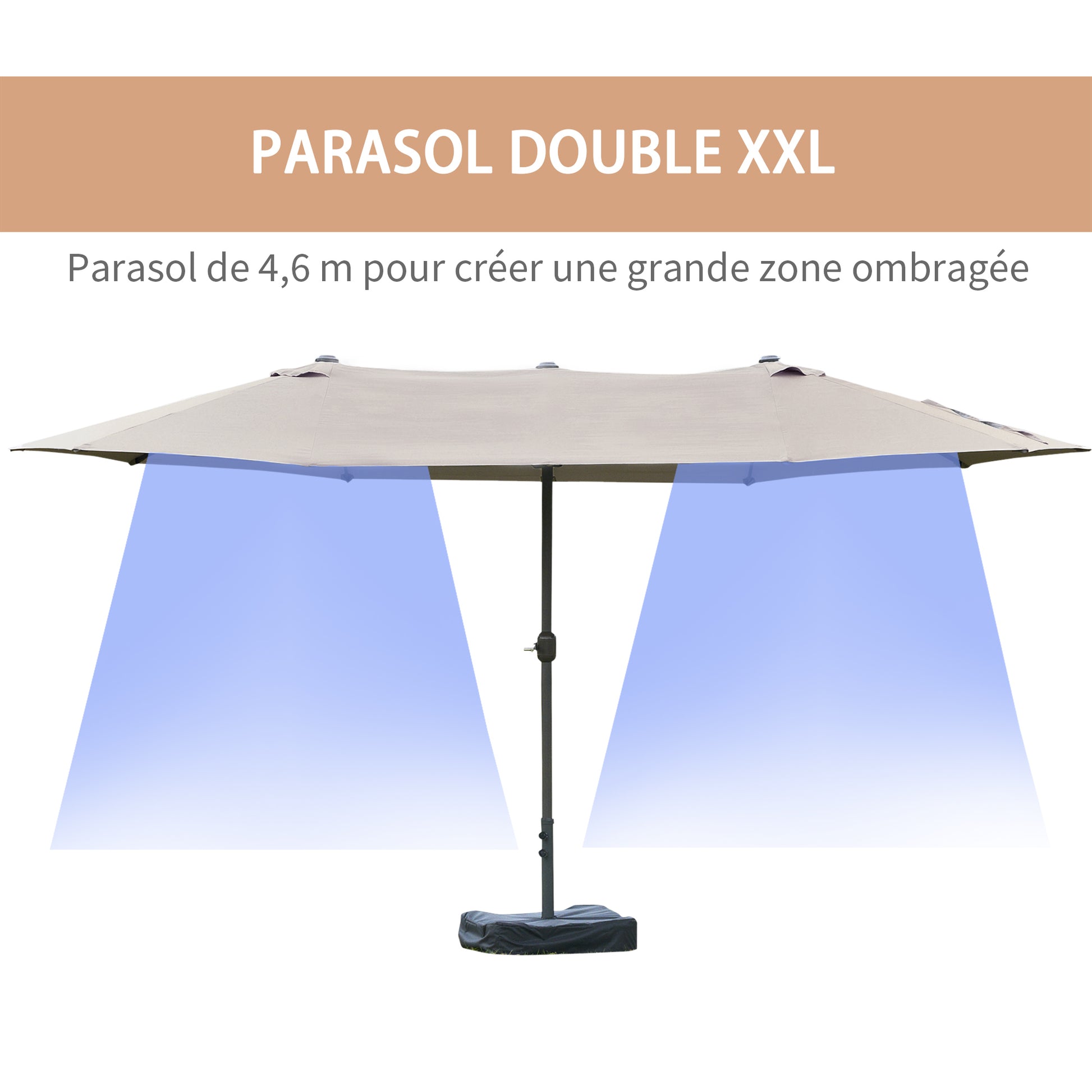 Garden Parasol outdoor double rectangular parasol 4.6L x 2.7W x 2.4H m with crank opening closing, weight bags and base included, for balcony, pool, light gray