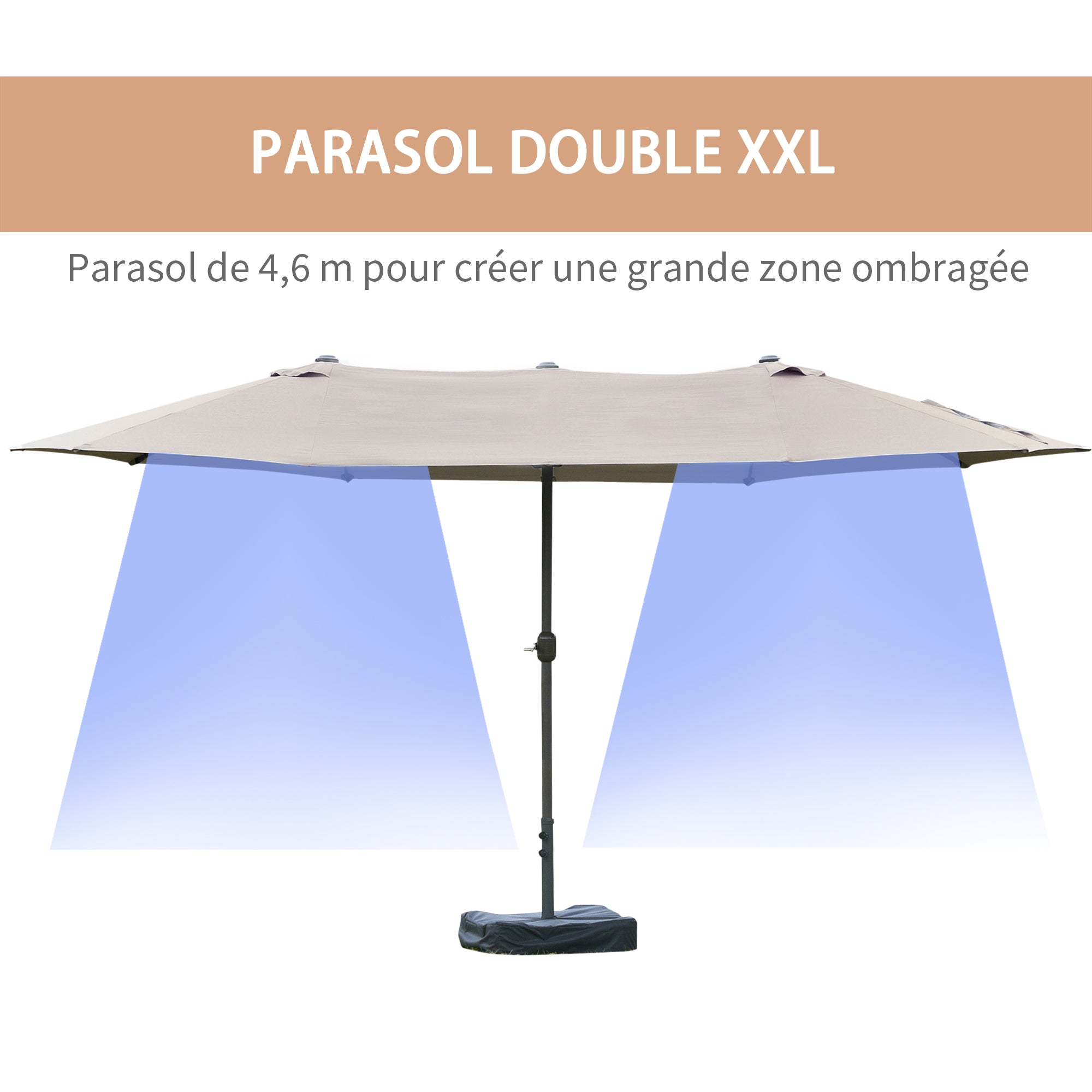 Garden Parasol outdoor double rectangular parasol 4.6L x 2.7W x 2.4H m with crank opening closing, weight bags and base included, for balcony, pool, light gray
