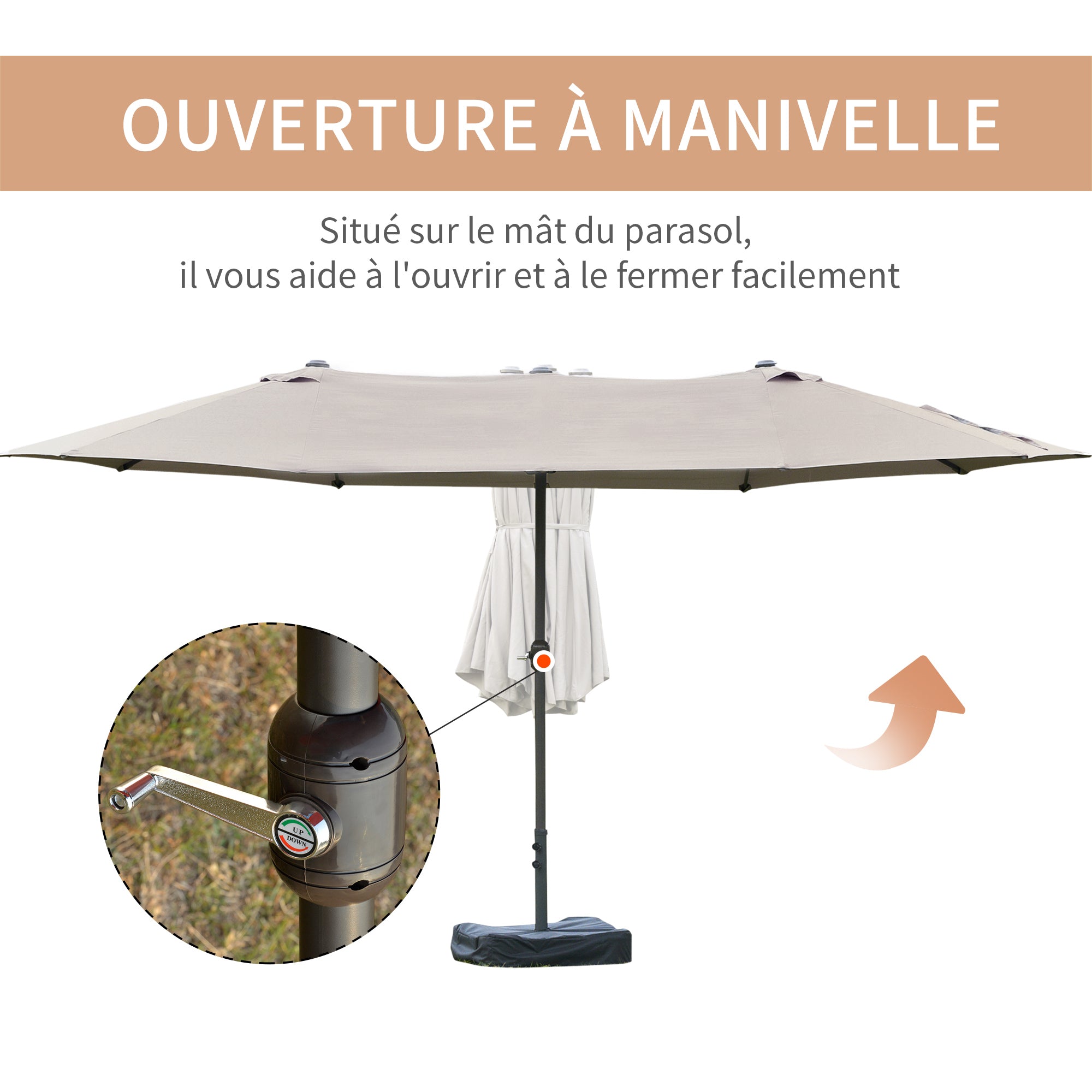 Garden Parasol outdoor double rectangular parasol 4.6L x 2.7W x 2.4H m with crank opening closing, weight bags and base included, for balcony, pool, light gray