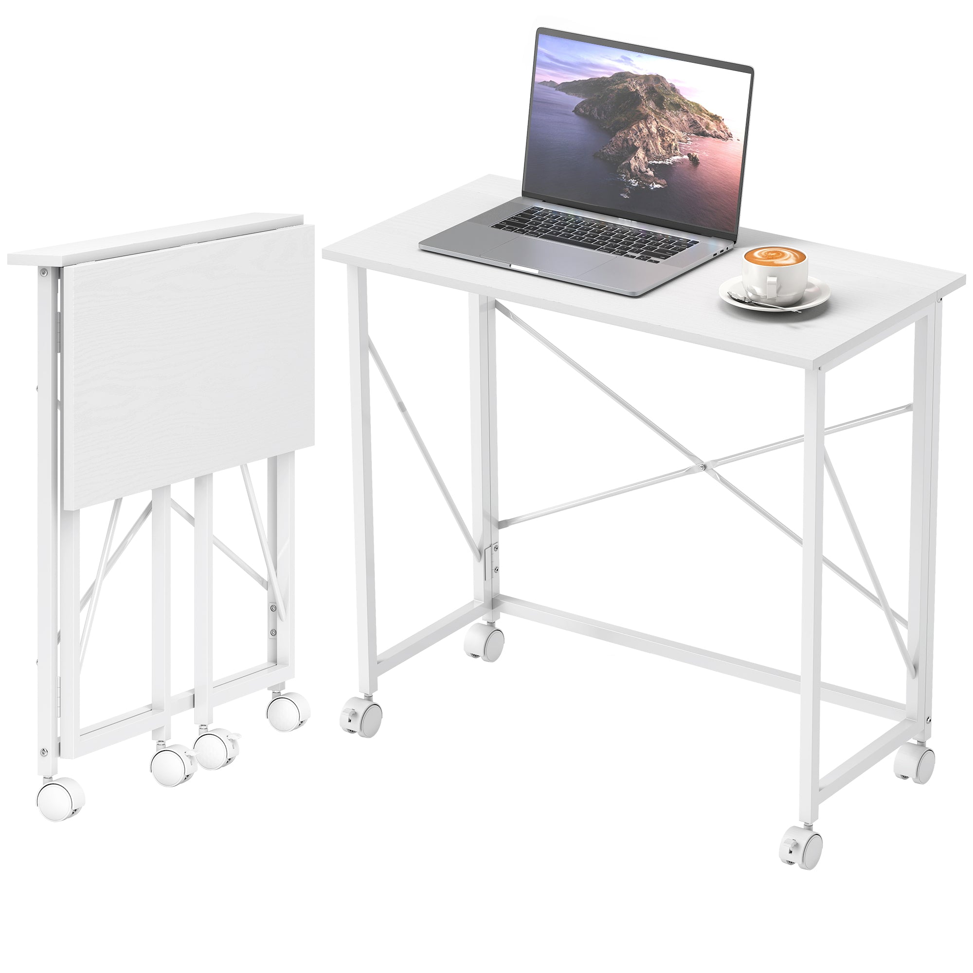 Folding Computer Desk, 31.5 x 15.7 in, Rolling Modern Desk for Home, Bedroom & Small Spaces, White