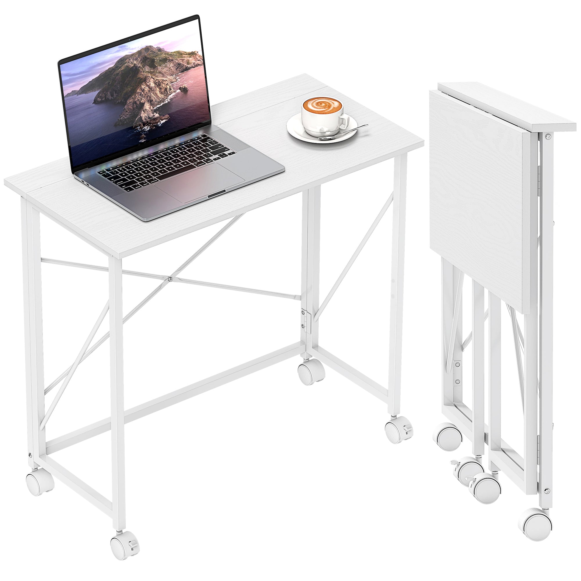 Folding Computer Desk, 31.5 x 15.7 in, Rolling Modern Desk for Home, Bedroom & Small Spaces, White