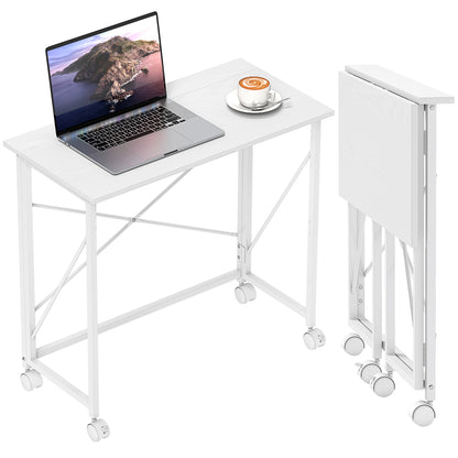 Folding Computer Desk, 31.5 x 15.7 in, Rolling Modern Desk for Home, Bedroom & Small Spaces, White