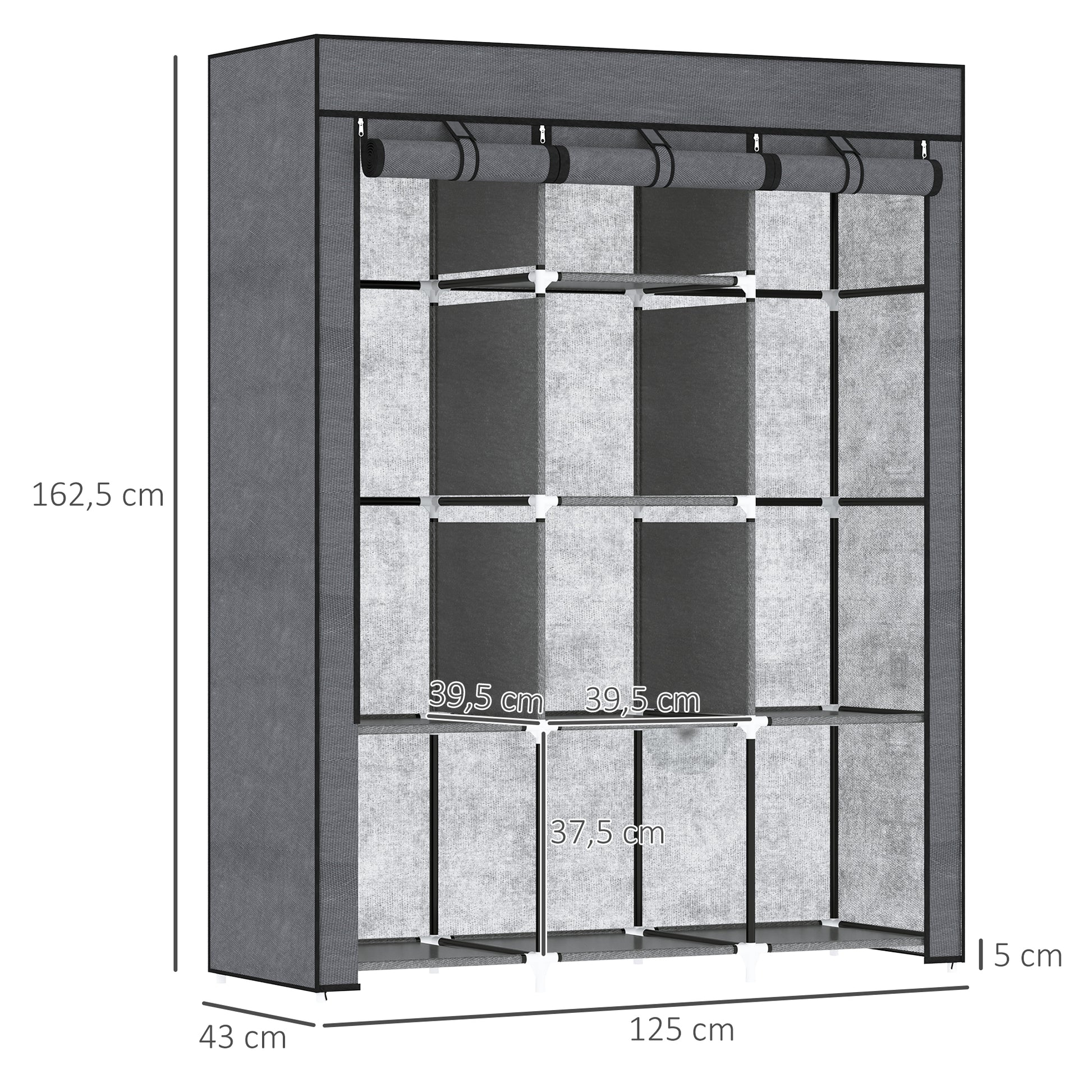 Fabric Wardrobe, Clothes Closet with Hanging Rods, 8 Levels, Folding Wardrobe, Foldable Wardrobe for Bedroom, Hallway, Non-Woven Fabric, Dark Grey, 125 x 43 x 162.5 cm