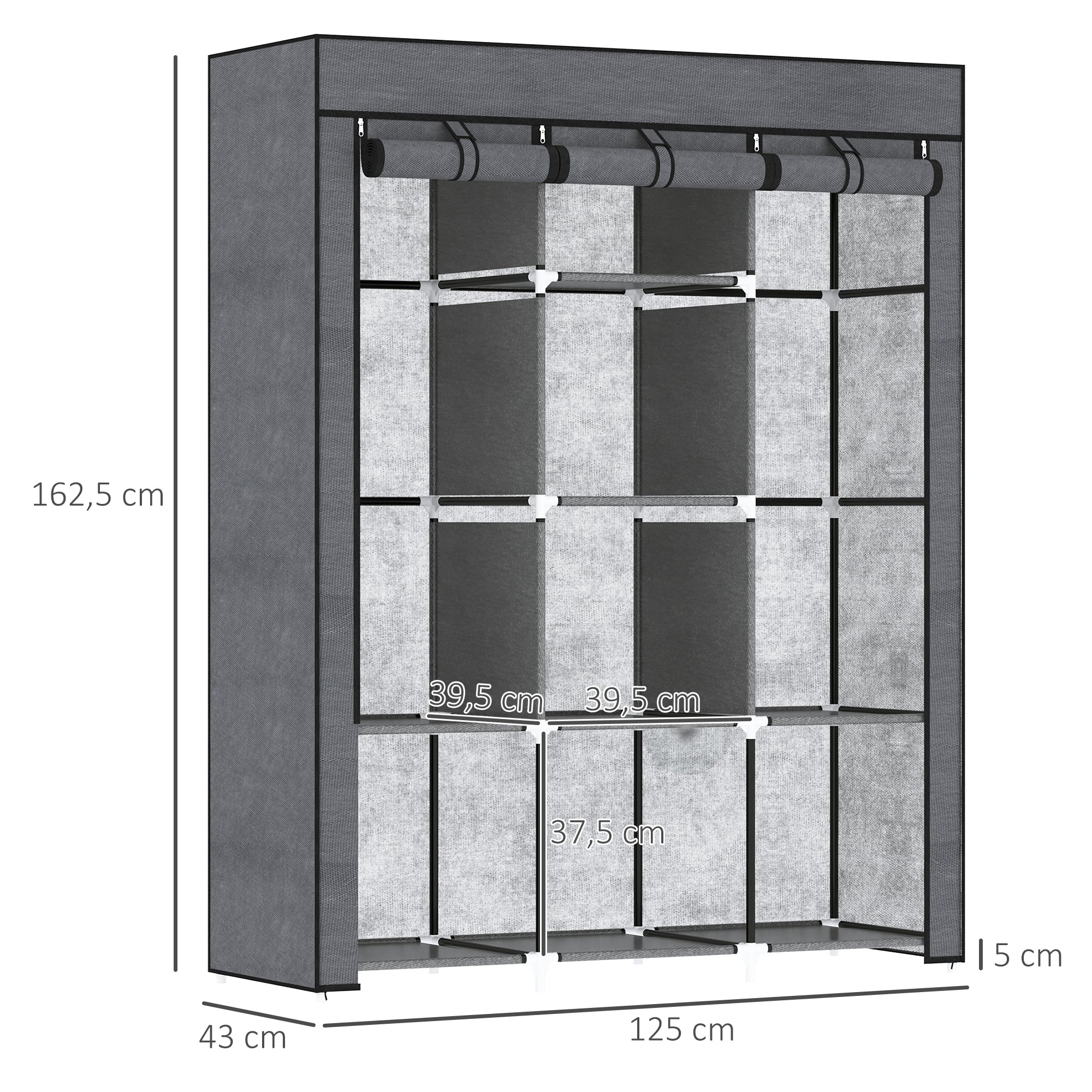 Fabric Wardrobe, Clothes Closet with Hanging Rods, 8 Levels, Folding Wardrobe, Foldable Wardrobe for Bedroom, Hallway, Non-Woven Fabric, Dark Grey, 125 x 43 x 162.5 cm