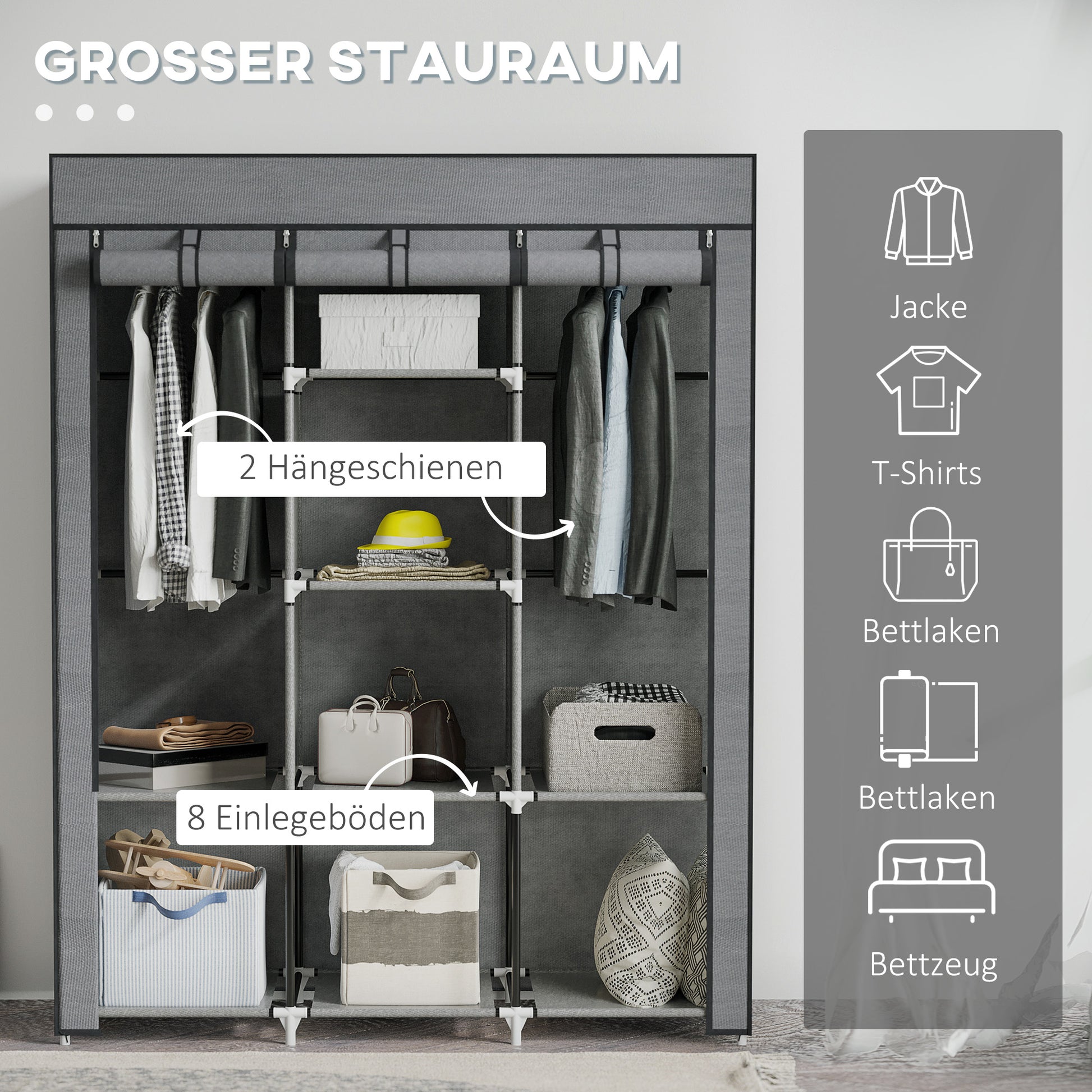 Fabric Wardrobe, Clothes Closet with Hanging Rods, 8 Levels, Folding Wardrobe, Foldable Wardrobe for Bedroom, Hallway, Non-Woven Fabric, Dark Grey, 125 x 43 x 162.5 cm