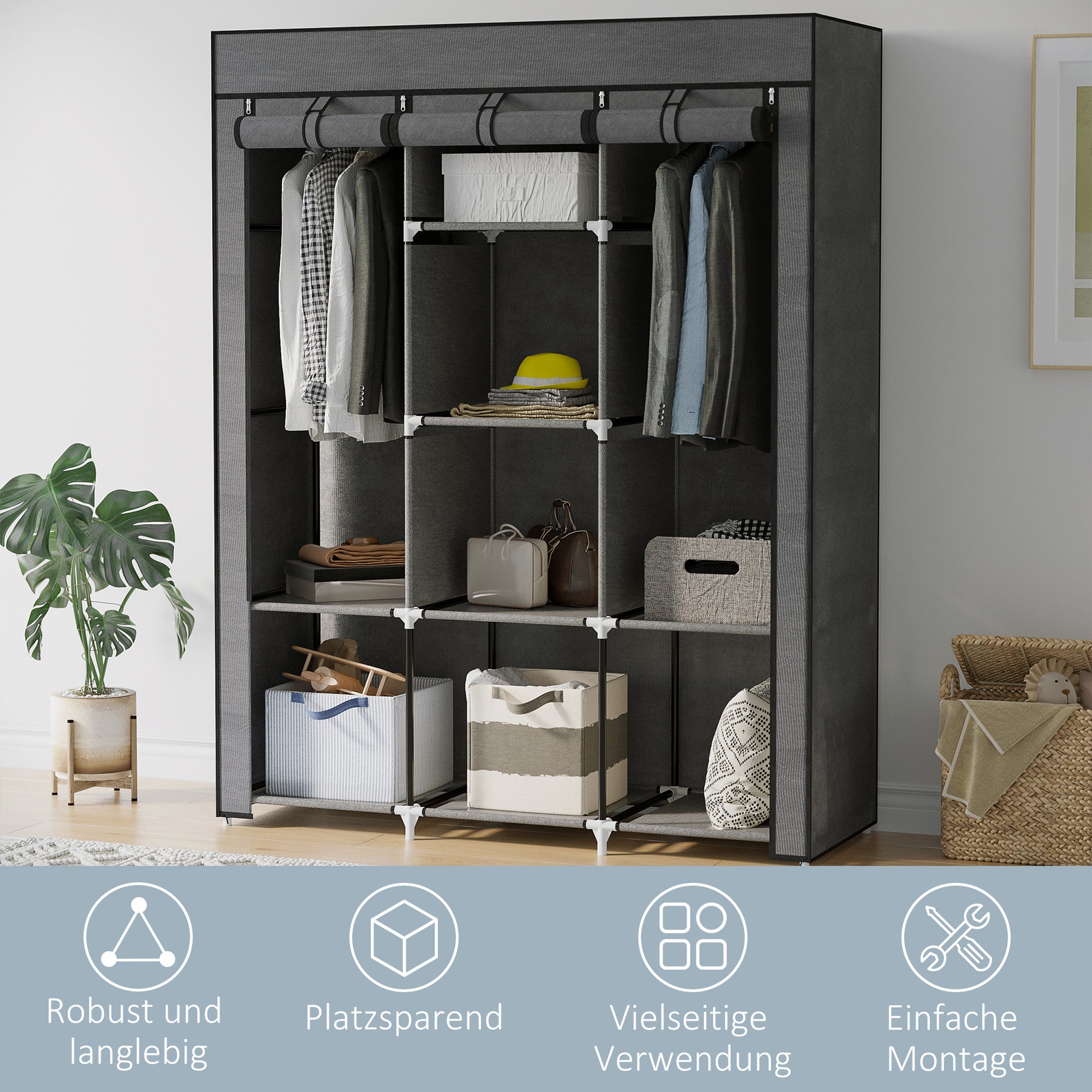 Fabric Wardrobe, Clothes Closet with Hanging Rods, 8 Levels, Folding Wardrobe, Foldable Wardrobe for Bedroom, Hallway, Non-Woven Fabric, Dark Grey, 125 x 43 x 162.5 cm