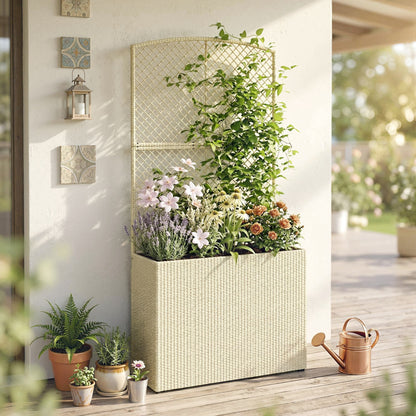 Rattan Planter with Trellis, Large Outdoor Raised Garden Bed with Liner for Vines, Herbs, Vegetables & Flowers, 31.5 x 11.8 x 64.2 in, Beige