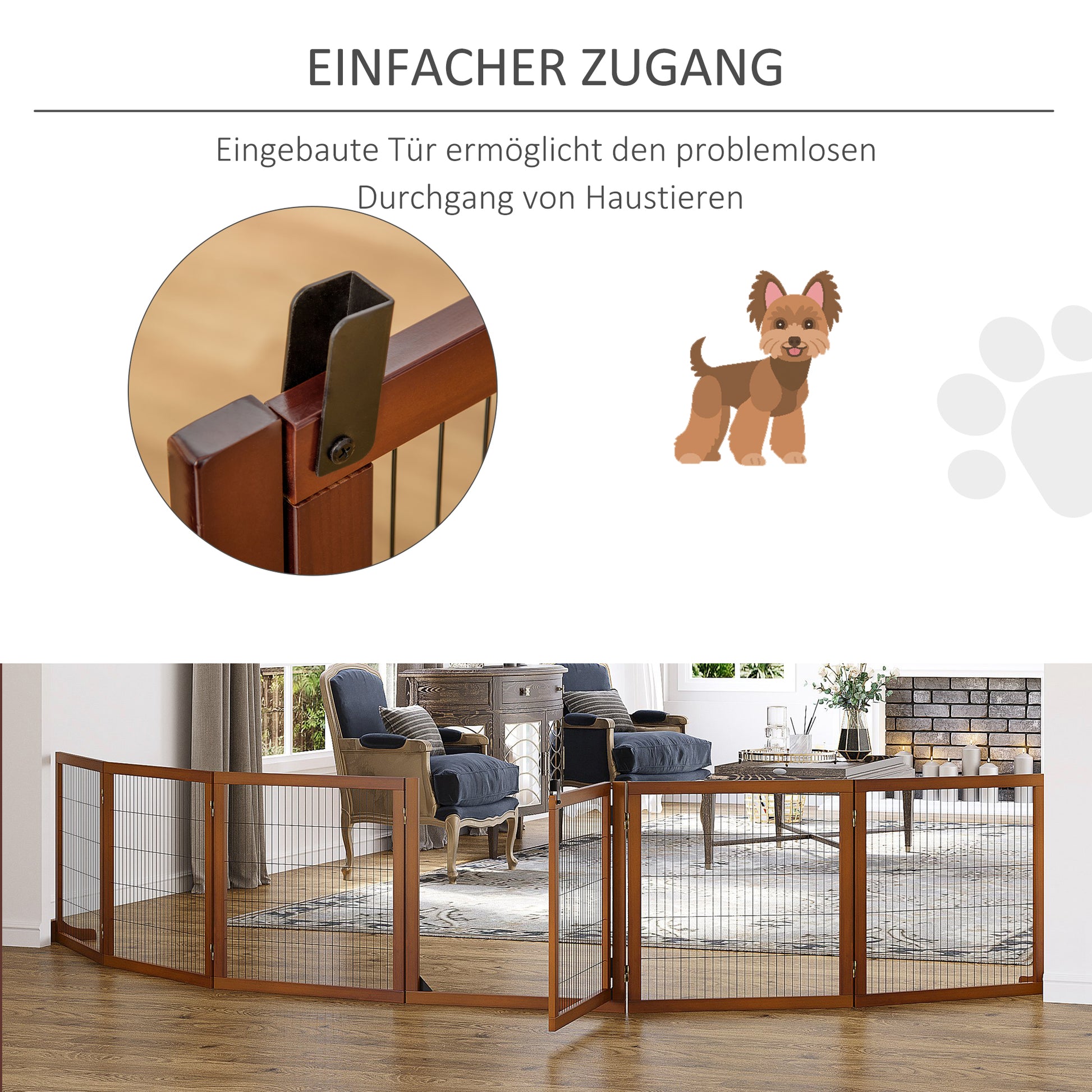 Dog Barrier Adjustable Safety Gate with Feet 432 x 70 cm Wood Dog Gate Foldable Stair Gate Dog Barrier for Stairs, Doors, Hallways, 6 Panels, Coffee