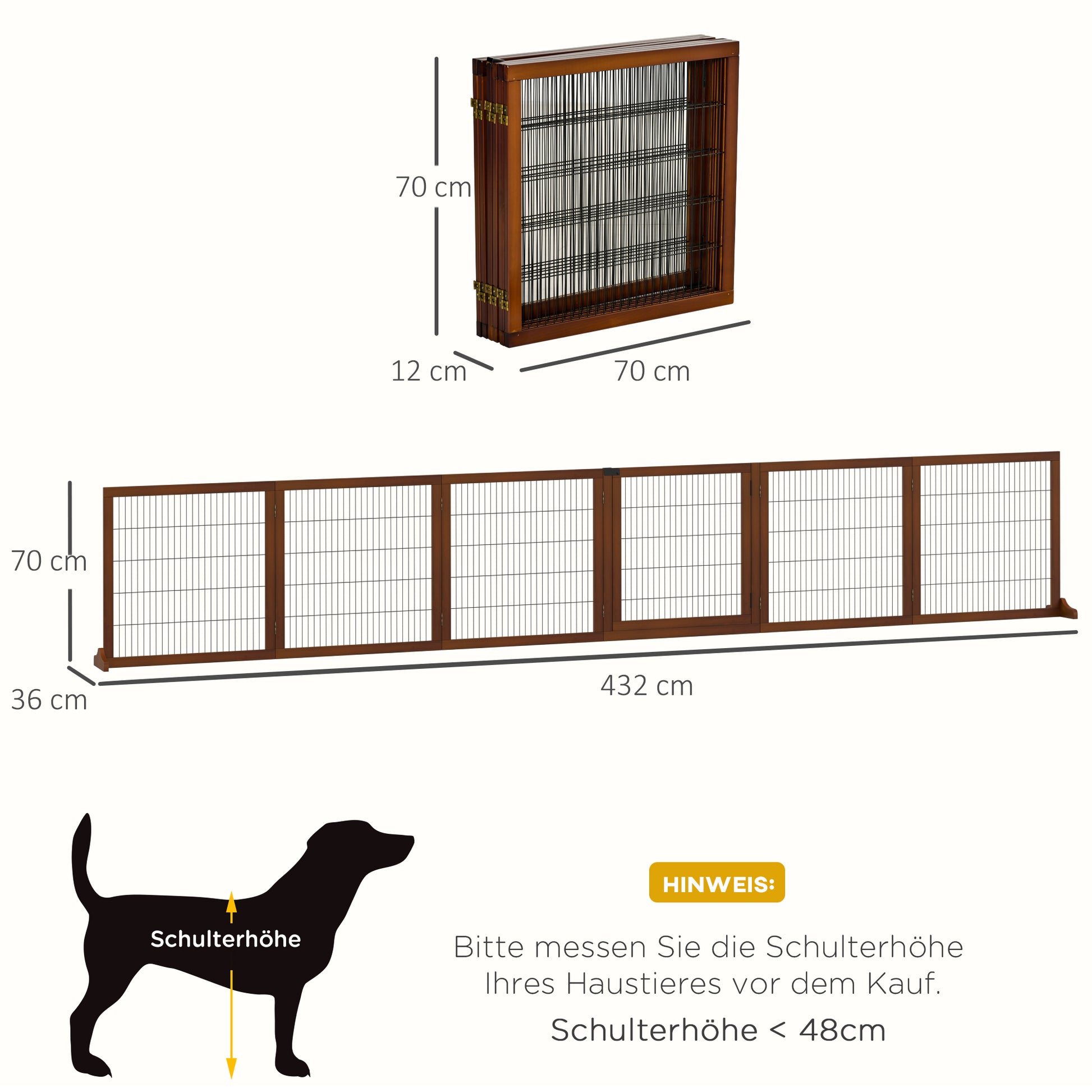 Dog Barrier Adjustable Safety Gate with Feet 432 x 70 cm Wood Dog Gate Foldable Stair Gate Dog Barrier for Stairs, Doors, Hallways, 6 Panels, Coffee