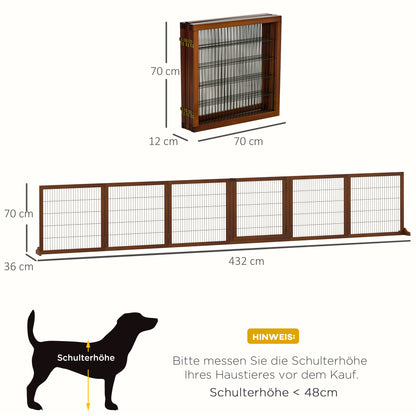 Dog Barrier Adjustable Safety Gate with Feet 432 x 70 cm Wood Dog Gate Foldable Stair Gate Dog Barrier for Stairs, Doors, Hallways, 6 Panels, Coffee