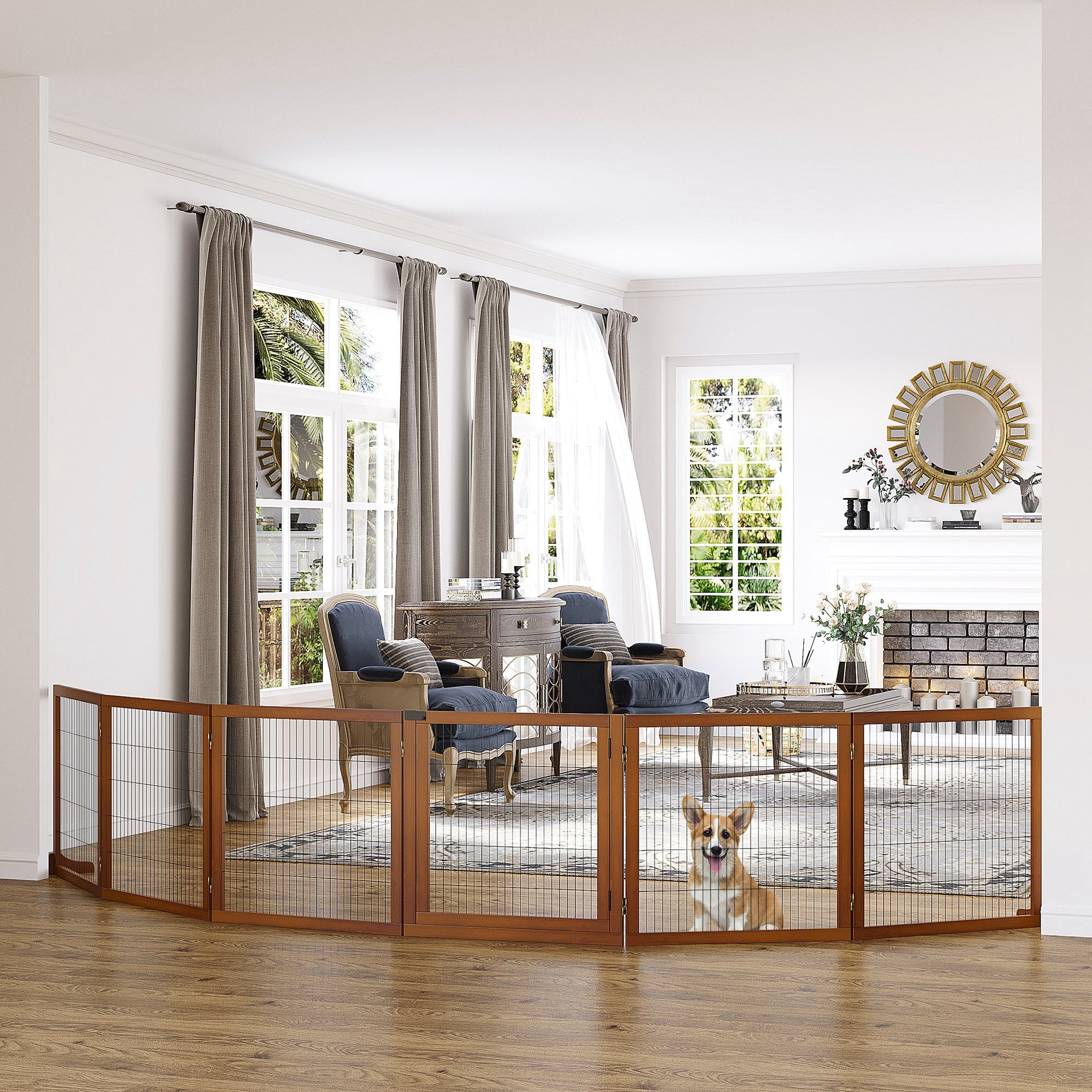 Dog Barrier Adjustable Safety Gate with Feet 432 x 70 cm Wood Dog Gate Foldable Stair Gate Dog Barrier for Stairs, Doors, Hallways, 6 Panels, Coffee