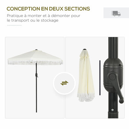 Garden Parasol Straight Tilt Umbrella Ø 2.25m with Bohemian Style Fringed Crème Canopy and Black Mast