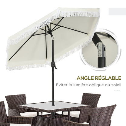 Garden Parasol Straight Tilt Umbrella Ø 2.25m with Bohemian Style Fringed Crème Canopy and Black Mast