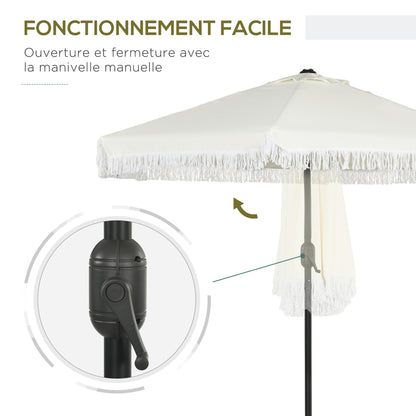 Garden Parasol Straight Tilt Umbrella Ø 2.25m with Bohemian Style Fringed Crème Canopy and Black Mast