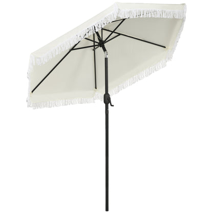 Garden Parasol Straight Tilt Umbrella Ø 2.25m with Bohemian Style Fringed Crème Canopy and Black Mast