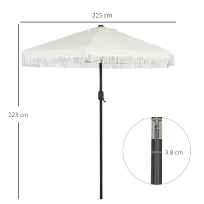Garden Parasol Straight Tilt Umbrella Ø 2.25m with Bohemian Style Fringed Crème Canopy and Black Mast