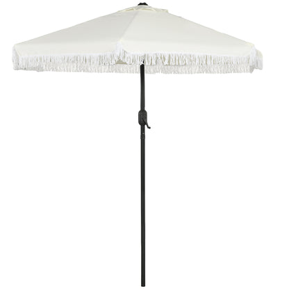 Garden Parasol Straight Tilt Umbrella Ø 2.25m with Bohemian Style Fringed Crème Canopy and Black Mast