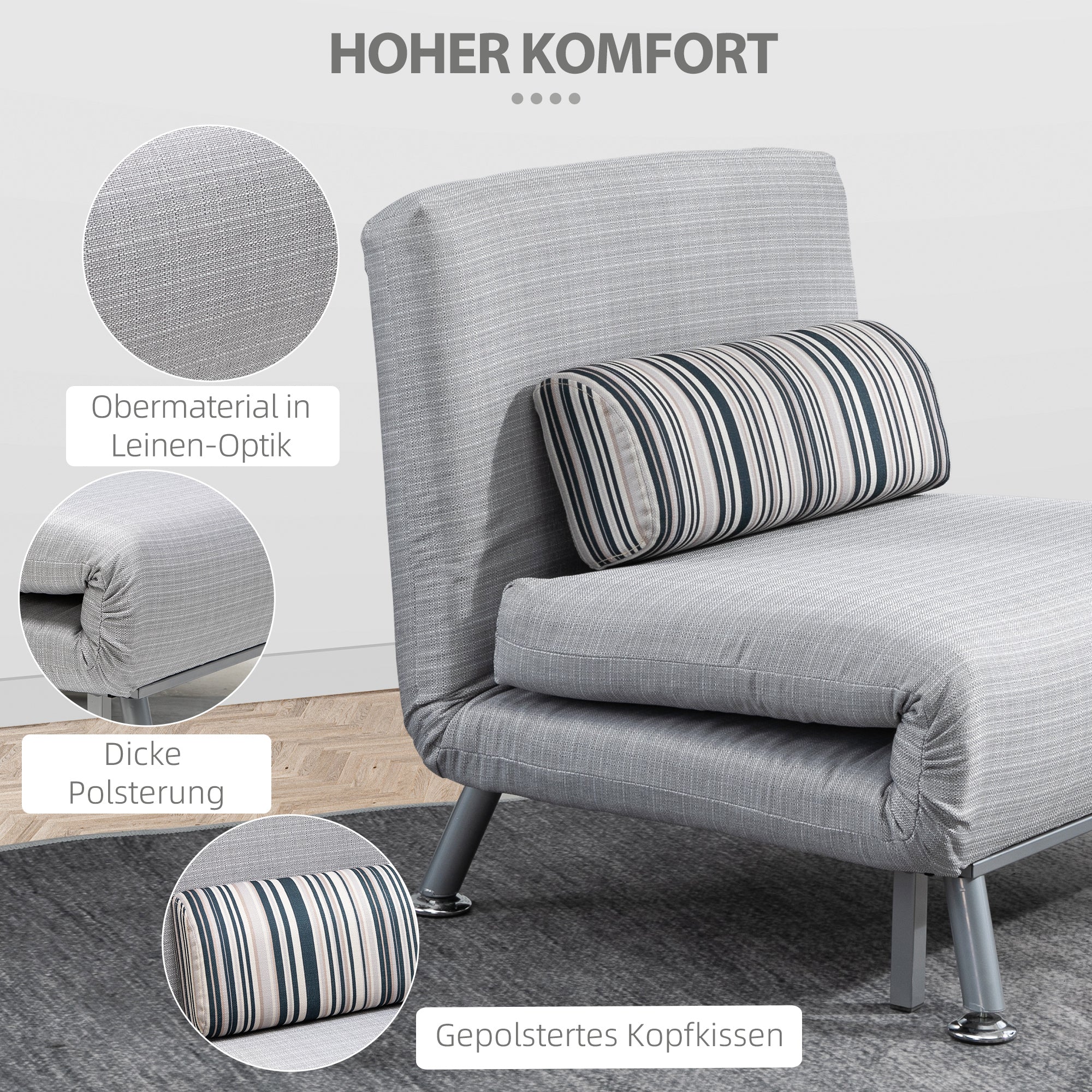Sleeper Armchair, Folding Chair with Bed Function, Back Cushion, Foldable Recliner in Linen Look, Adjustable Backrest, up to 150 kg load capacity, for Living Room, Gray