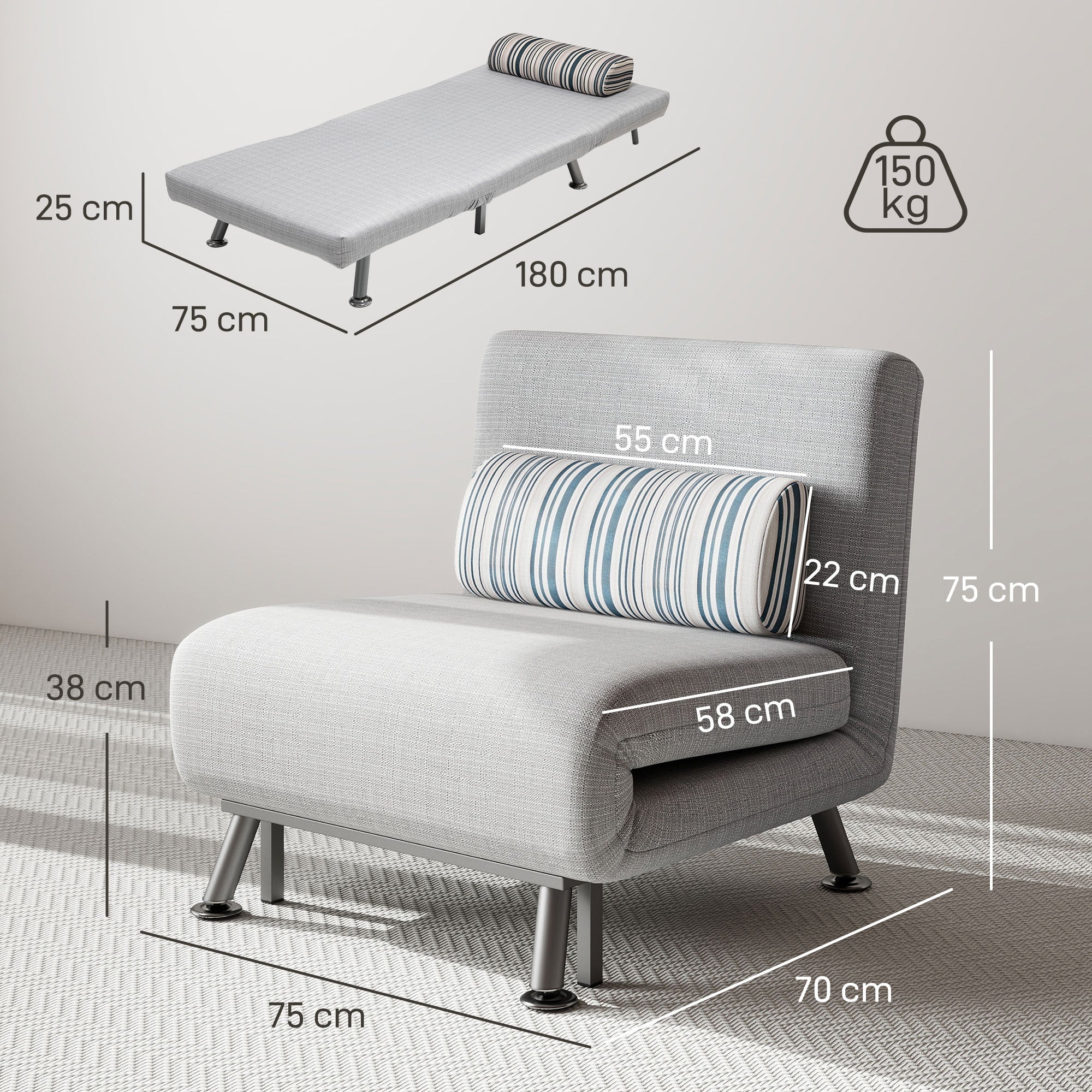 Sleeper Armchair, Folding Chair with Bed Function, Back Cushion, Foldable Recliner in Linen Look, Adjustable Backrest, up to 150 kg load capacity, for Living Room, Gray