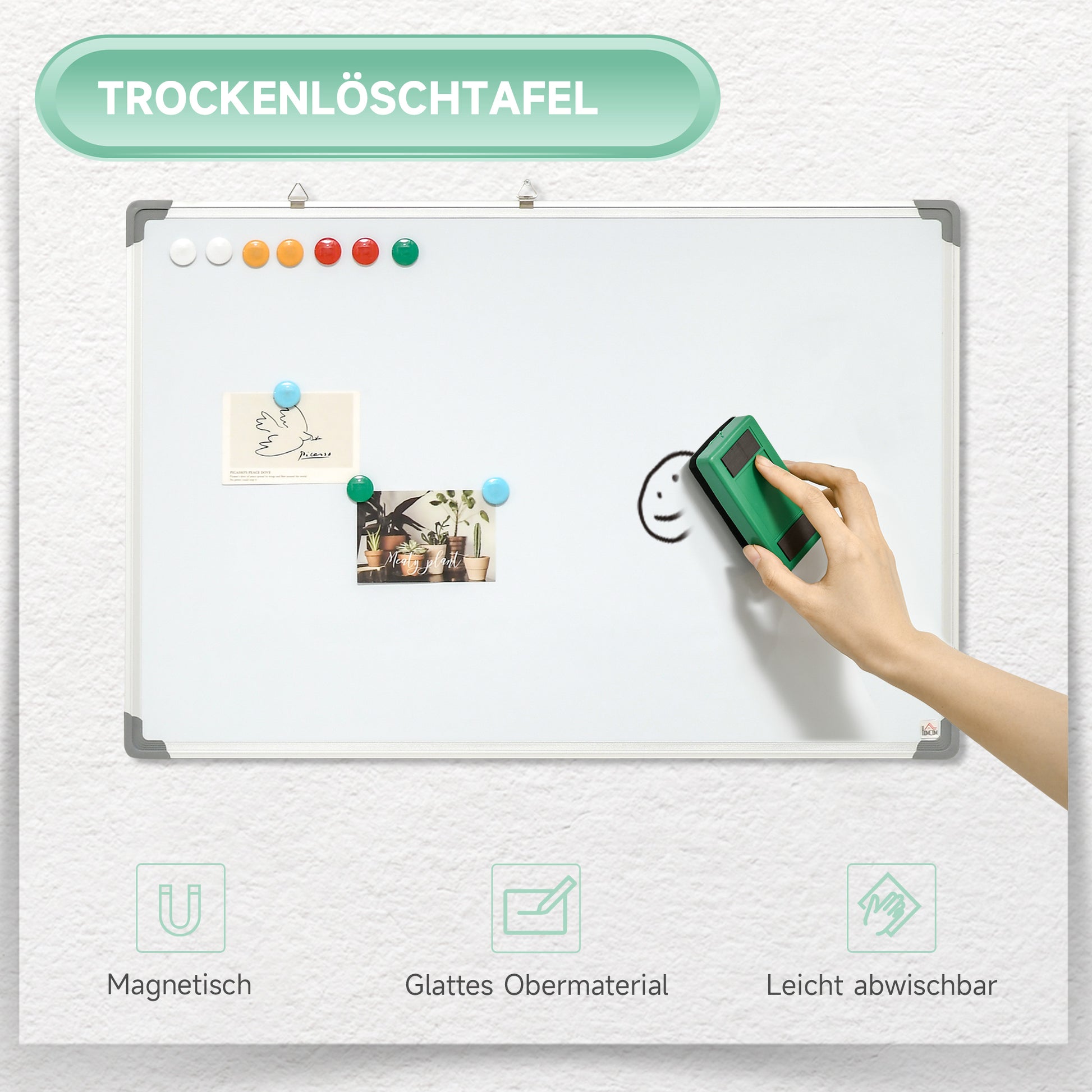 Magnetic Whiteboard with 4 Markers, 1 Eraser, 10 Magnets, Easel, Wall Mountable, Easy to Wipe, 90 x 1.8 x 60 cm