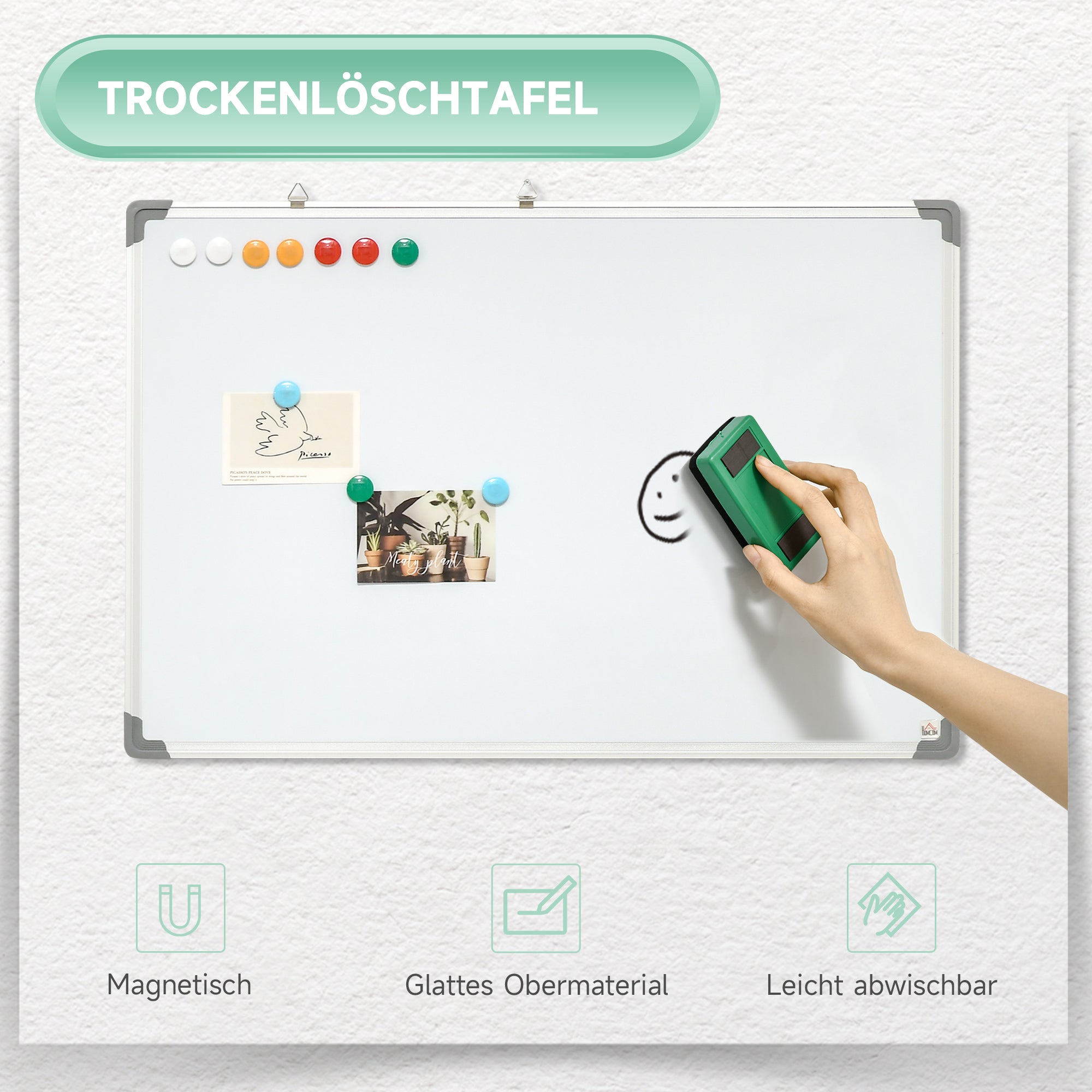 Magnetic Whiteboard with 4 Markers, 1 Eraser, 10 Magnets, Easel, Wall Mountable, Easy to Wipe, 90 x 1.8 x 60 cm