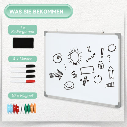 Magnetic Whiteboard with 4 Markers, 1 Eraser, 10 Magnets, Easel, Wall Mountable, Easy to Wipe, 90 x 1.8 x 60 cm