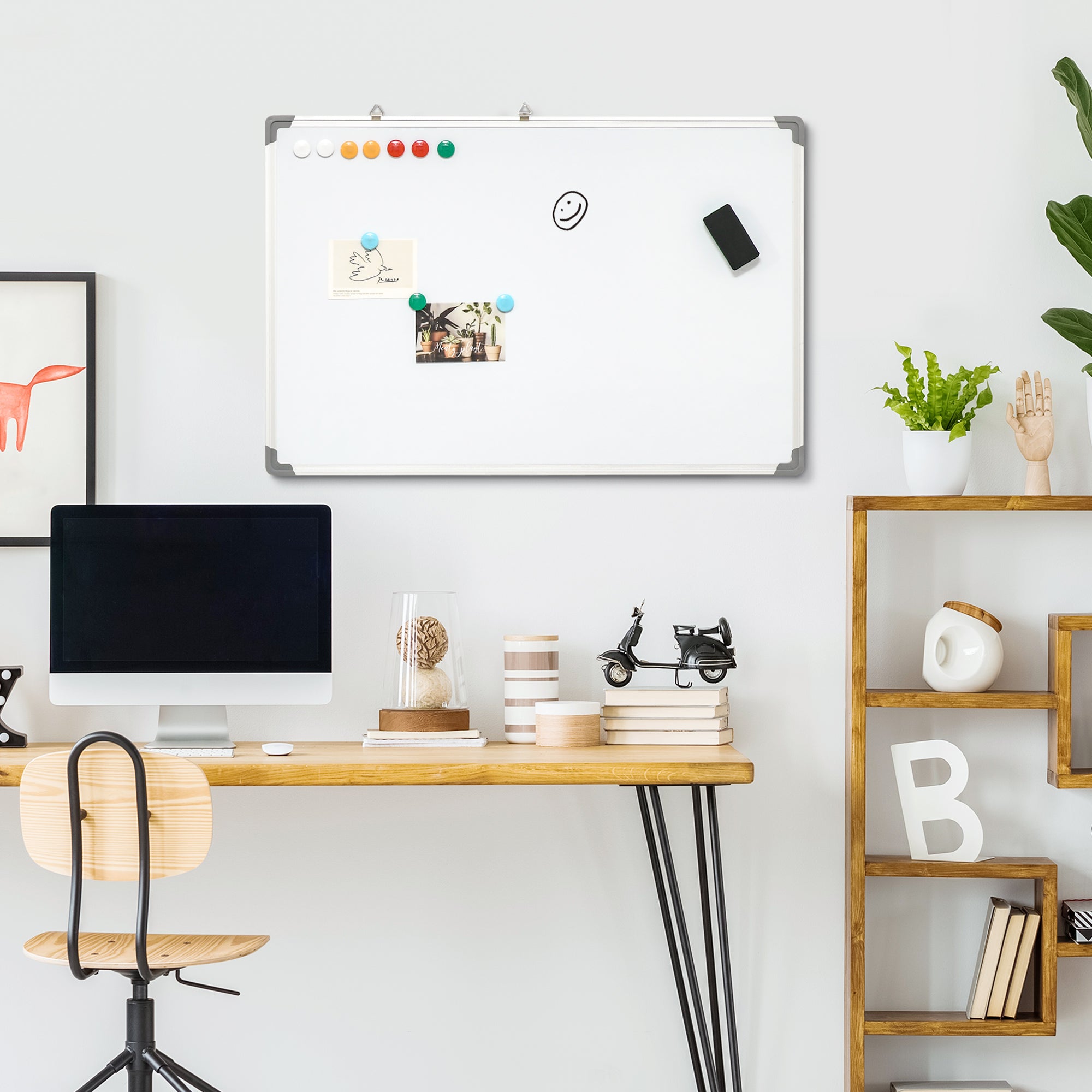 Magnetic Whiteboard with 4 Markers, 1 Eraser, 10 Magnets, Easel, Wall Mountable, Easy to Wipe, 90 x 1.8 x 60 cm