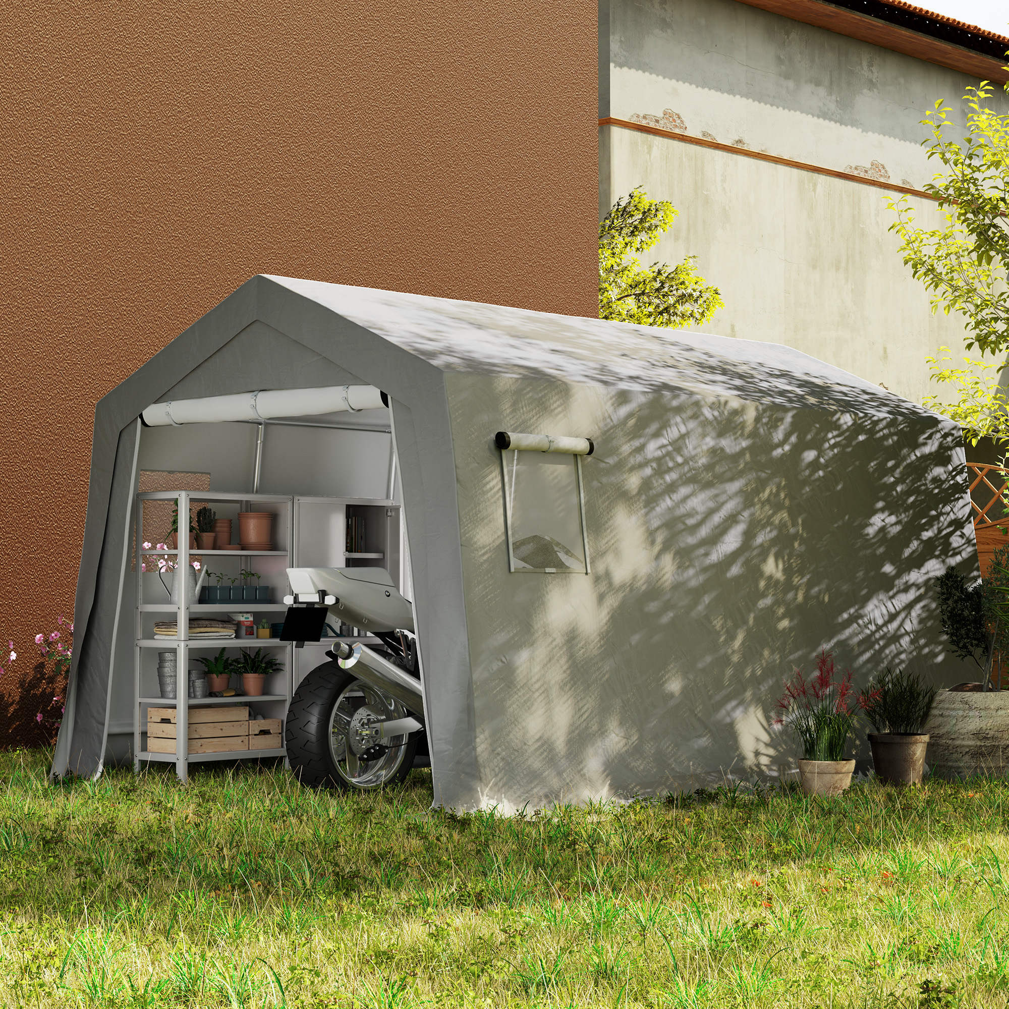 Tool Shed with Saddle Roof Waterproof Tool Tent with Doors, Windows, Anti-Dust Bicycle Cover, Foil Tool Shed Bicycle Garage for Patio Garden, 300 x 447 x 255 cm, Light Grey