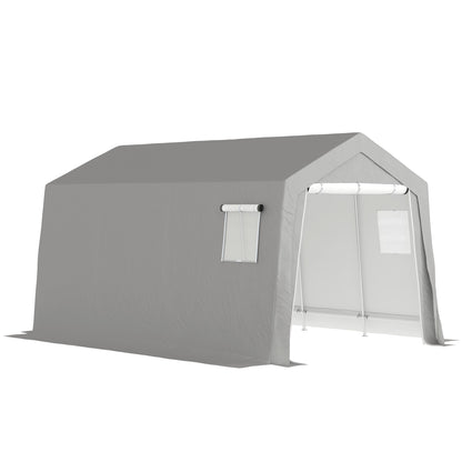 Tool Shed with Saddle Roof Waterproof Tool Tent with Doors, Windows, Anti-Dust Bicycle Cover, Foil Tool Shed Bicycle Garage for Patio Garden, 300 x 447 x 255 cm, Light Grey