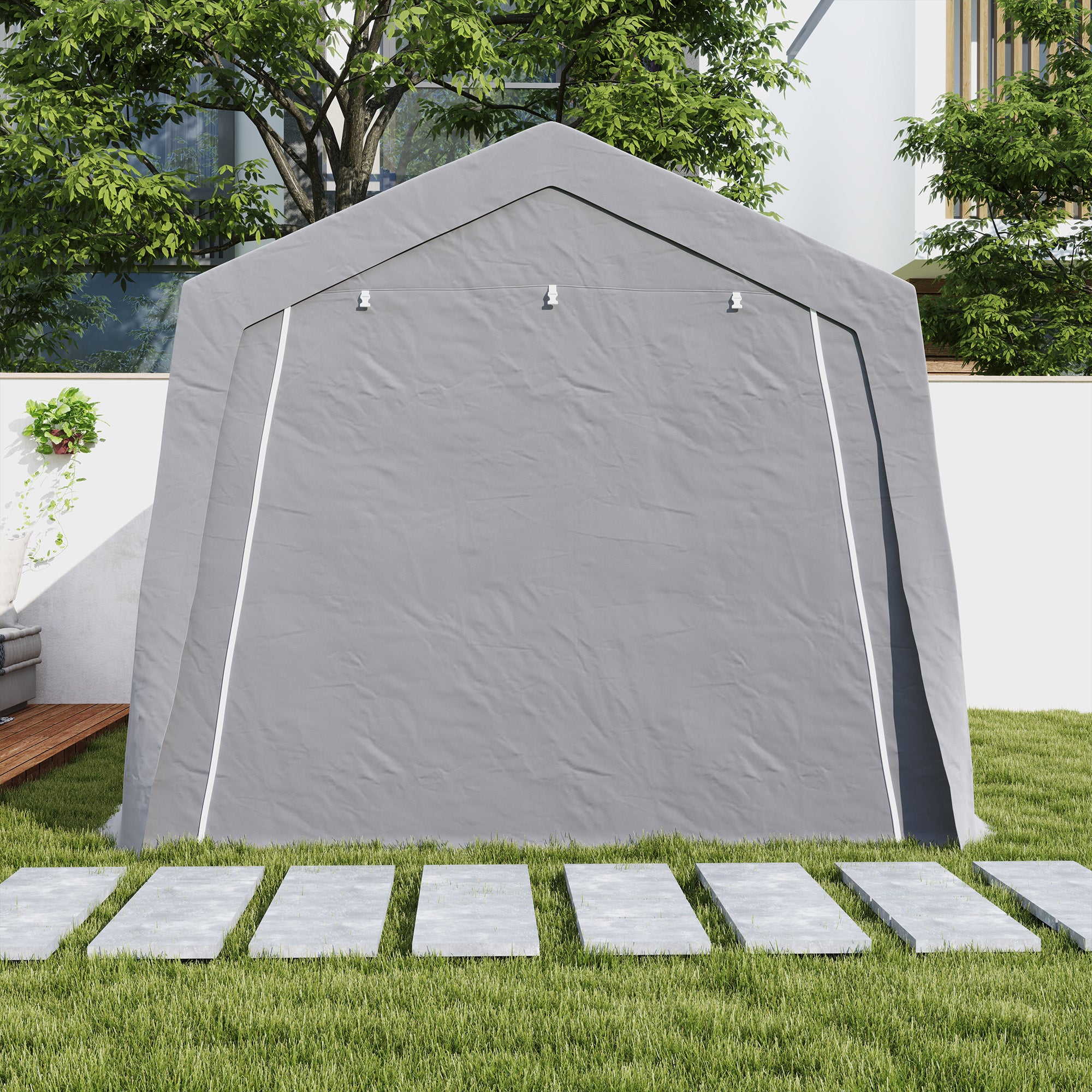 Tool Shed with Saddle Roof Waterproof Tool Tent with Doors, Windows, Anti-Dust Bicycle Cover, Foil Tool Shed Bicycle Garage for Patio Garden, 300 x 447 x 255 cm, Light Grey