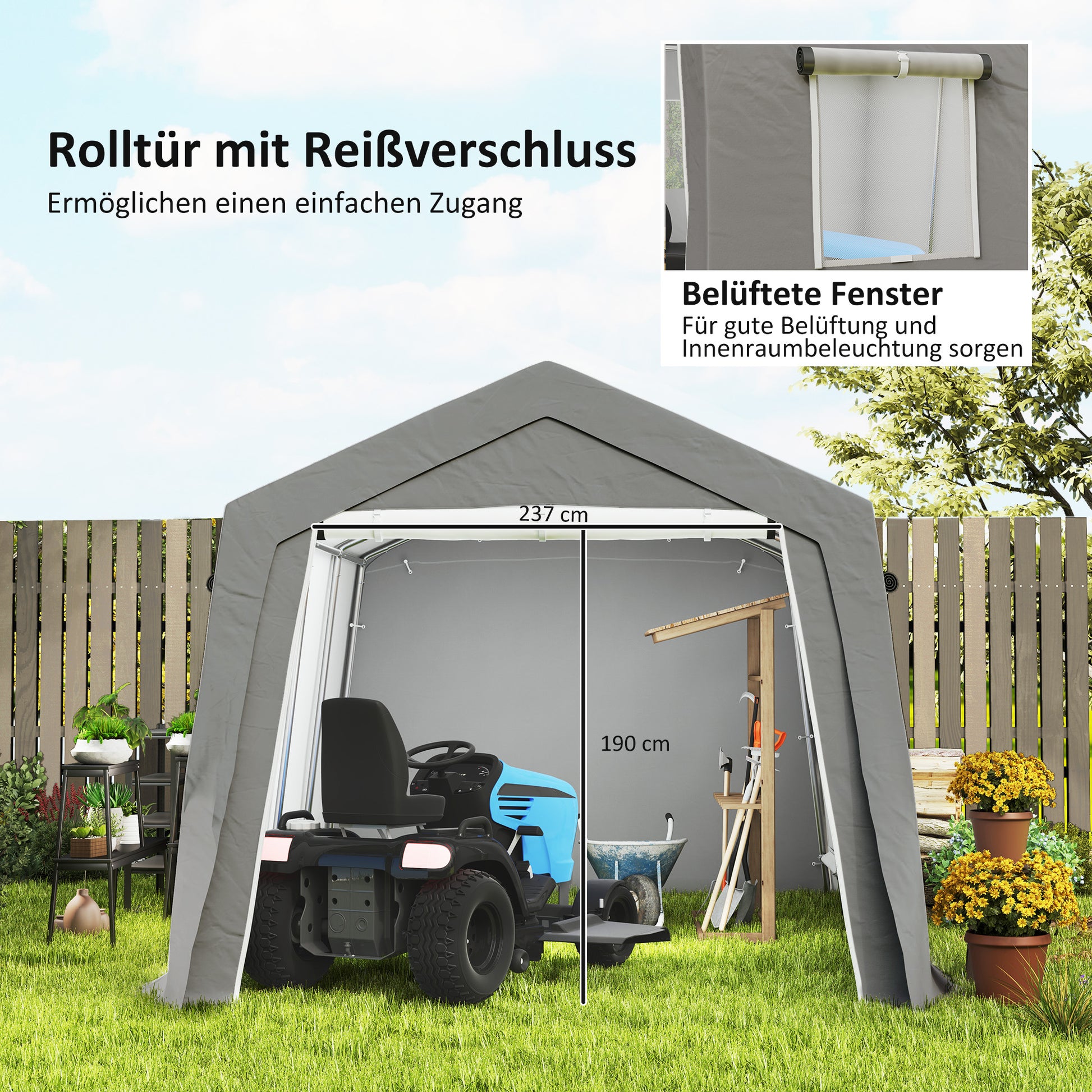 Tool Shed with Saddle Roof Waterproof Tool Tent with Doors, Windows, Anti-Dust Bicycle Cover, Foil Tool Shed Bicycle Garage for Patio Garden, 300 x 447 x 255 cm, Light Grey