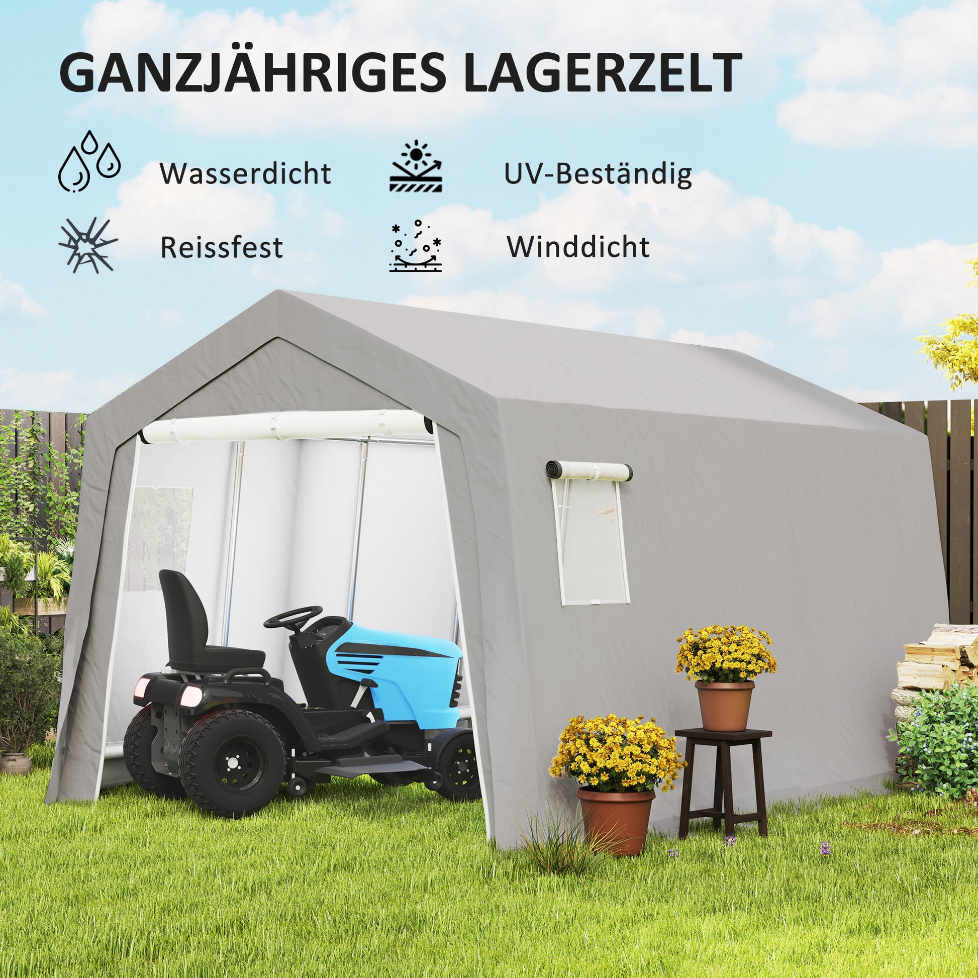 Tool Shed with Saddle Roof Waterproof Tool Tent with Doors, Windows, Anti-Dust Bicycle Cover, Foil Tool Shed Bicycle Garage for Patio Garden, 300 x 447 x 255 cm, Light Grey