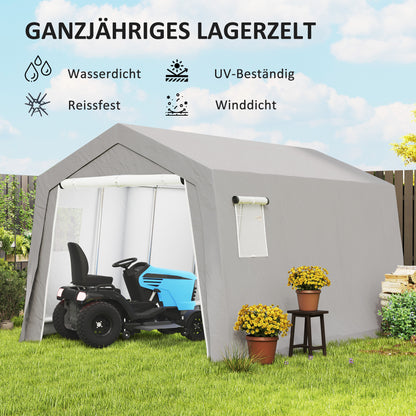 Tool Shed with Saddle Roof Waterproof Tool Tent with Doors, Windows, Anti-Dust Bicycle Cover, Foil Tool Shed Bicycle Garage for Patio Garden, 300 x 447 x 255 cm, Light Grey