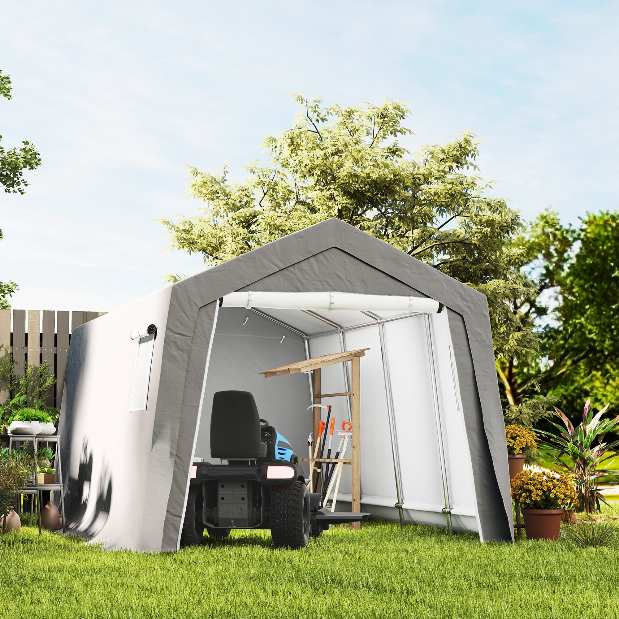 Tool Shed with Saddle Roof Waterproof Tool Tent with Doors, Windows, Anti-Dust Bicycle Cover, Foil Tool Shed Bicycle Garage for Patio Garden, 300 x 447 x 255 cm, Light Grey