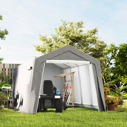 Tool Shed with Saddle Roof Waterproof Tool Tent with Doors, Windows, Anti-Dust Bicycle Cover, Foil Tool Shed Bicycle Garage for Patio Garden, 300 x 447 x 255 cm, Light Grey
