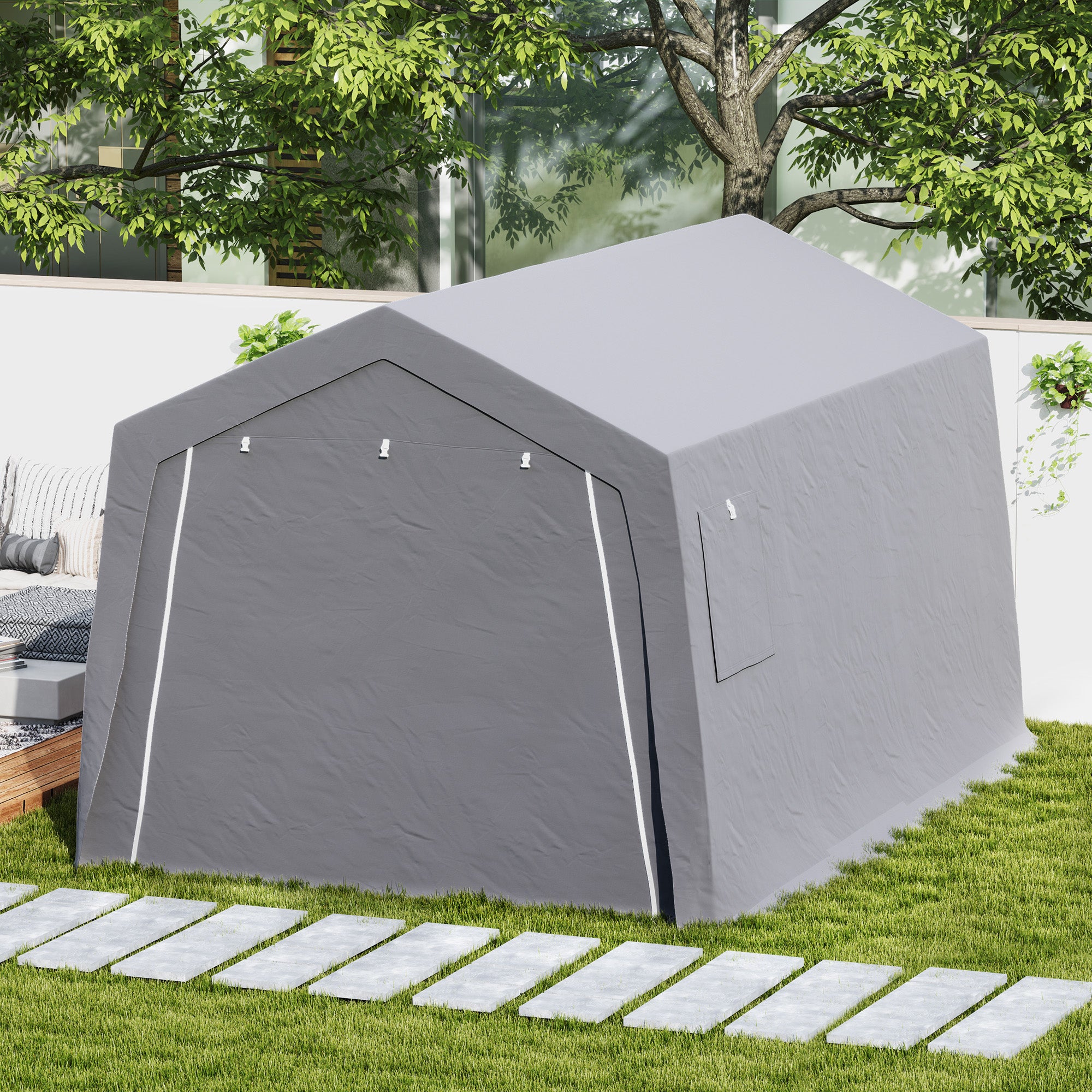 Tool Shed with Saddle Roof Waterproof Tool Tent with Doors, Windows, Anti-Dust Bicycle Cover, Foil Tool Shed Bicycle Garage for Patio Garden, 300 x 447 x 255 cm, Light Grey