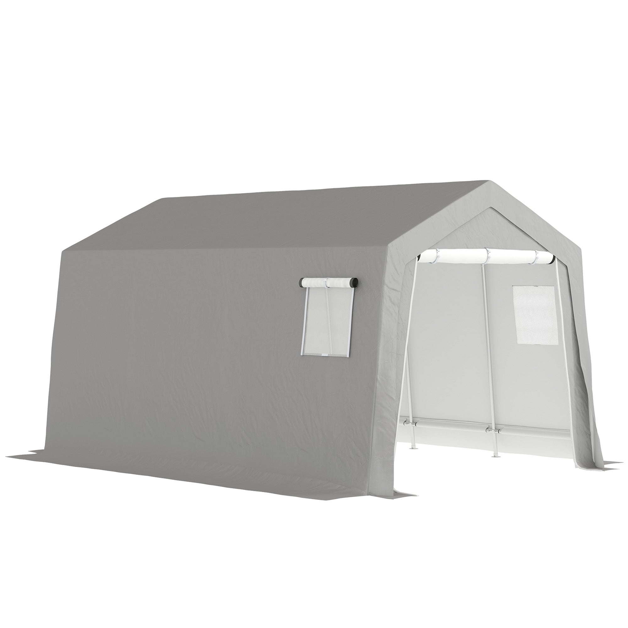 Tool Shed with Saddle Roof Waterproof Tool Tent with Doors, Windows, Anti-Dust Bicycle Cover, Foil Tool Shed Bicycle Garage for Patio Garden, 300 x 447 x 255 cm, Light Grey