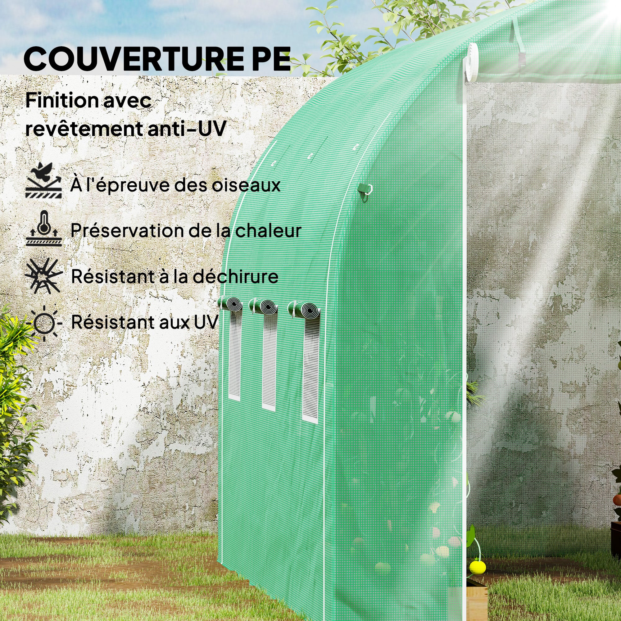 Garden Greenhouse 6m² 3 x 2m with 1 door + 2 roll-up zippered side panels, 6 windows, galvanized steel high-density 140 g/m² Anti-UV green PE