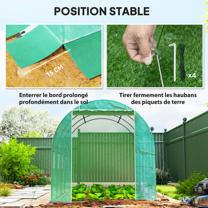 Garden Greenhouse 6m² 3 x 2m with 1 door + 2 roll-up zippered side panels, 6 windows, galvanized steel high-density 140 g/m² Anti-UV green PE