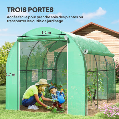 Garden Greenhouse 6m² 3 x 2m with 1 door + 2 roll-up zippered side panels, 6 windows, galvanized steel high-density 140 g/m² Anti-UV green PE