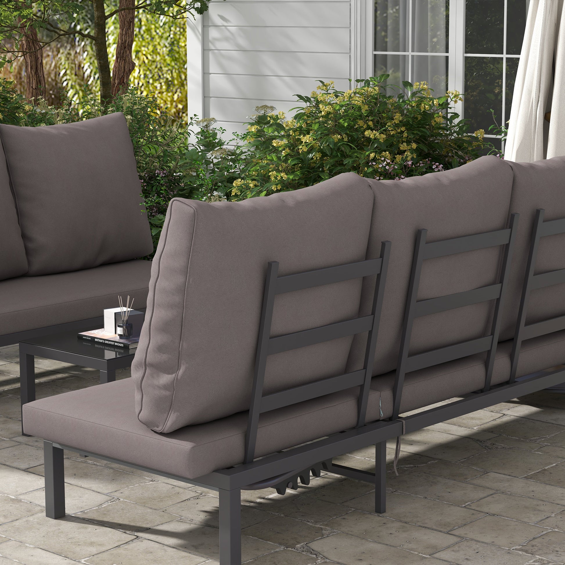 Modular Outdoor Garden Furniture Set, Comfortable Sun Lounger with Removable Mattress, Aluminum Frame, Multi-Position Adjustable Reclining + Tempered Glass Coffee Table, Gray