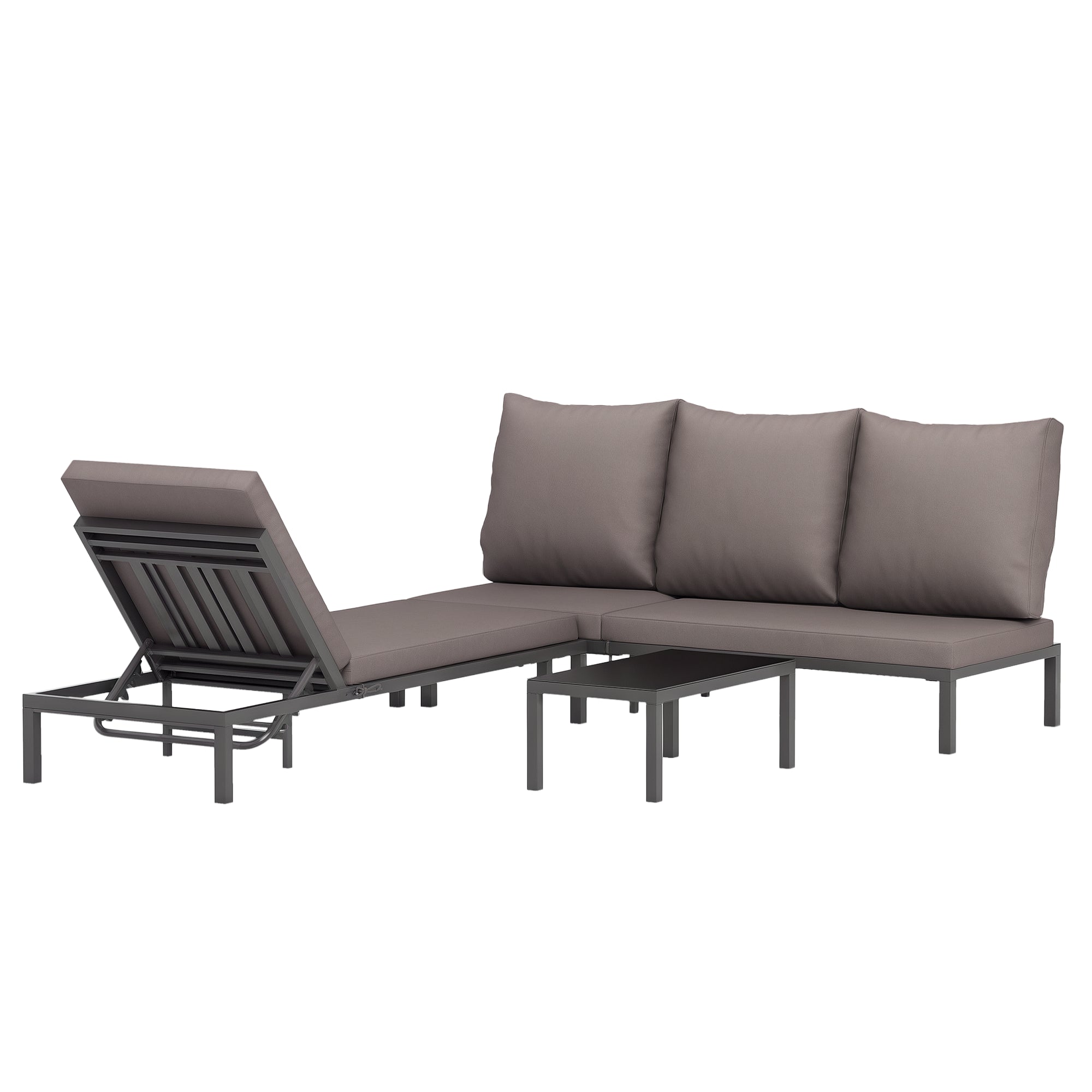 Modular Outdoor Garden Furniture Set, Comfortable Sun Lounger with Removable Mattress, Aluminum Frame, Multi-Position Adjustable Reclining + Tempered Glass Coffee Table, Gray