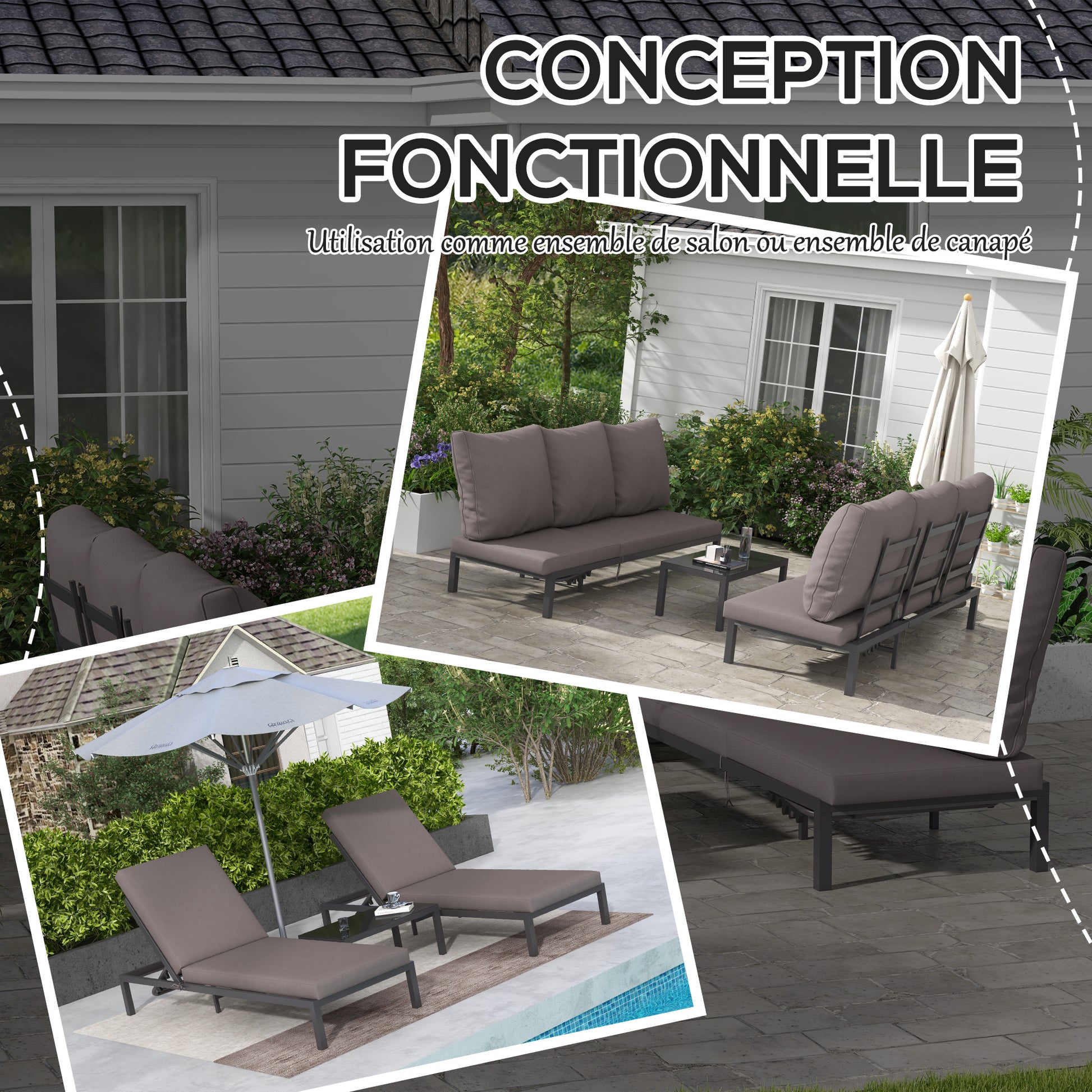 Modular Outdoor Garden Furniture Set, Comfortable Sun Lounger with Removable Mattress, Aluminum Frame, Multi-Position Adjustable Reclining + Tempered Glass Coffee Table, Gray