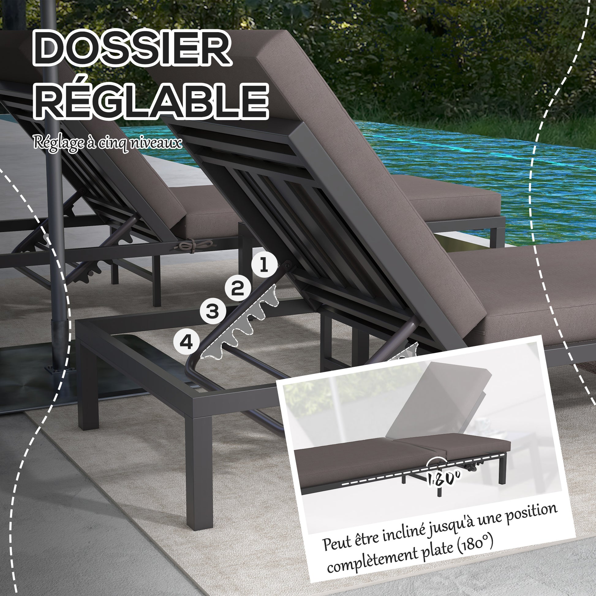 Modular Outdoor Garden Furniture Set, Comfortable Sun Lounger with Removable Mattress, Aluminum Frame, Multi-Position Adjustable Reclining + Tempered Glass Coffee Table, Gray