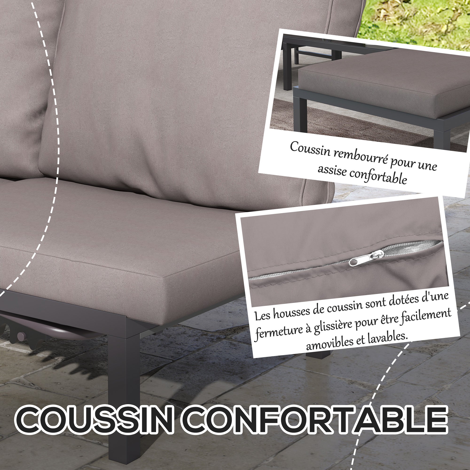Modular Outdoor Garden Furniture Set, Comfortable Sun Lounger with Removable Mattress, Aluminum Frame, Multi-Position Adjustable Reclining + Tempered Glass Coffee Table, Gray