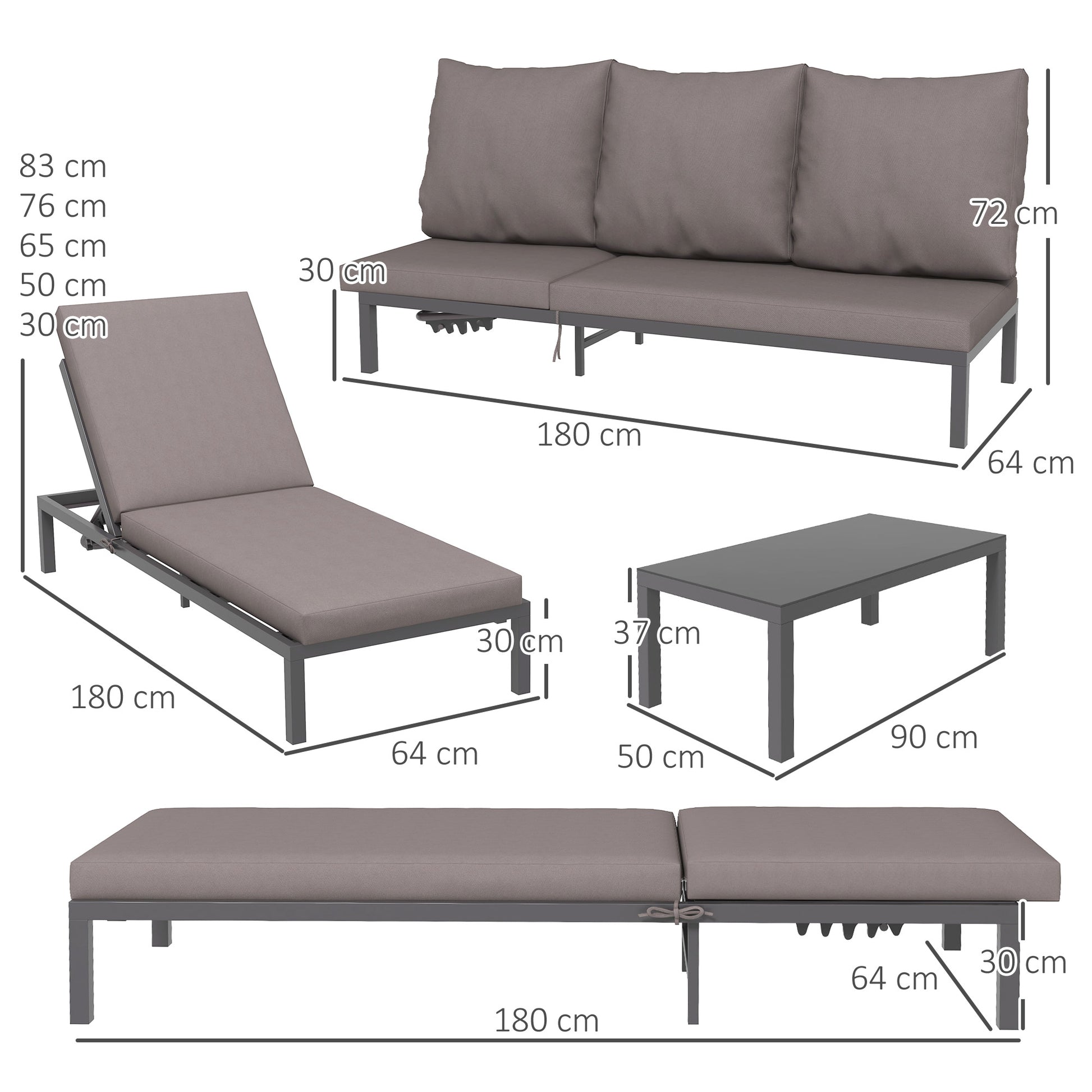 Modular Outdoor Garden Furniture Set, Comfortable Sun Lounger with Removable Mattress, Aluminum Frame, Multi-Position Adjustable Reclining + Tempered Glass Coffee Table, Gray