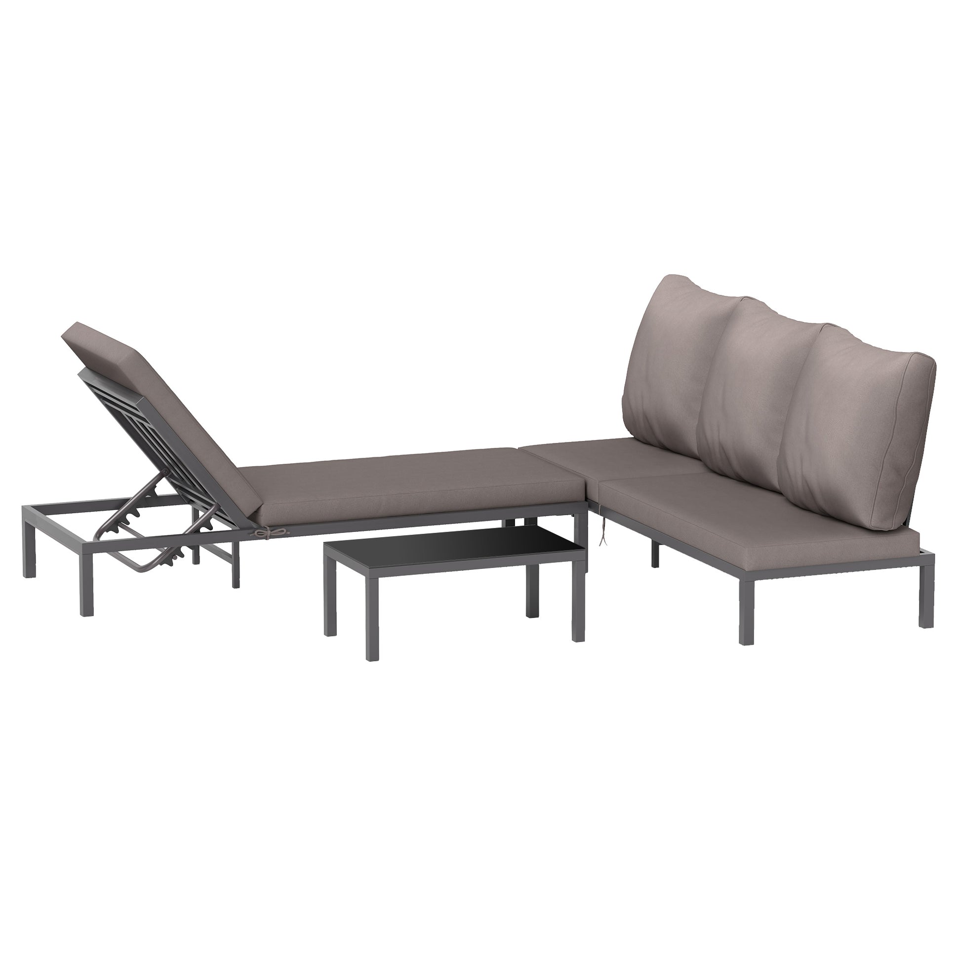 Modular Outdoor Garden Furniture Set, Comfortable Sun Lounger with Removable Mattress, Aluminum Frame, Multi-Position Adjustable Reclining + Tempered Glass Coffee Table, Gray